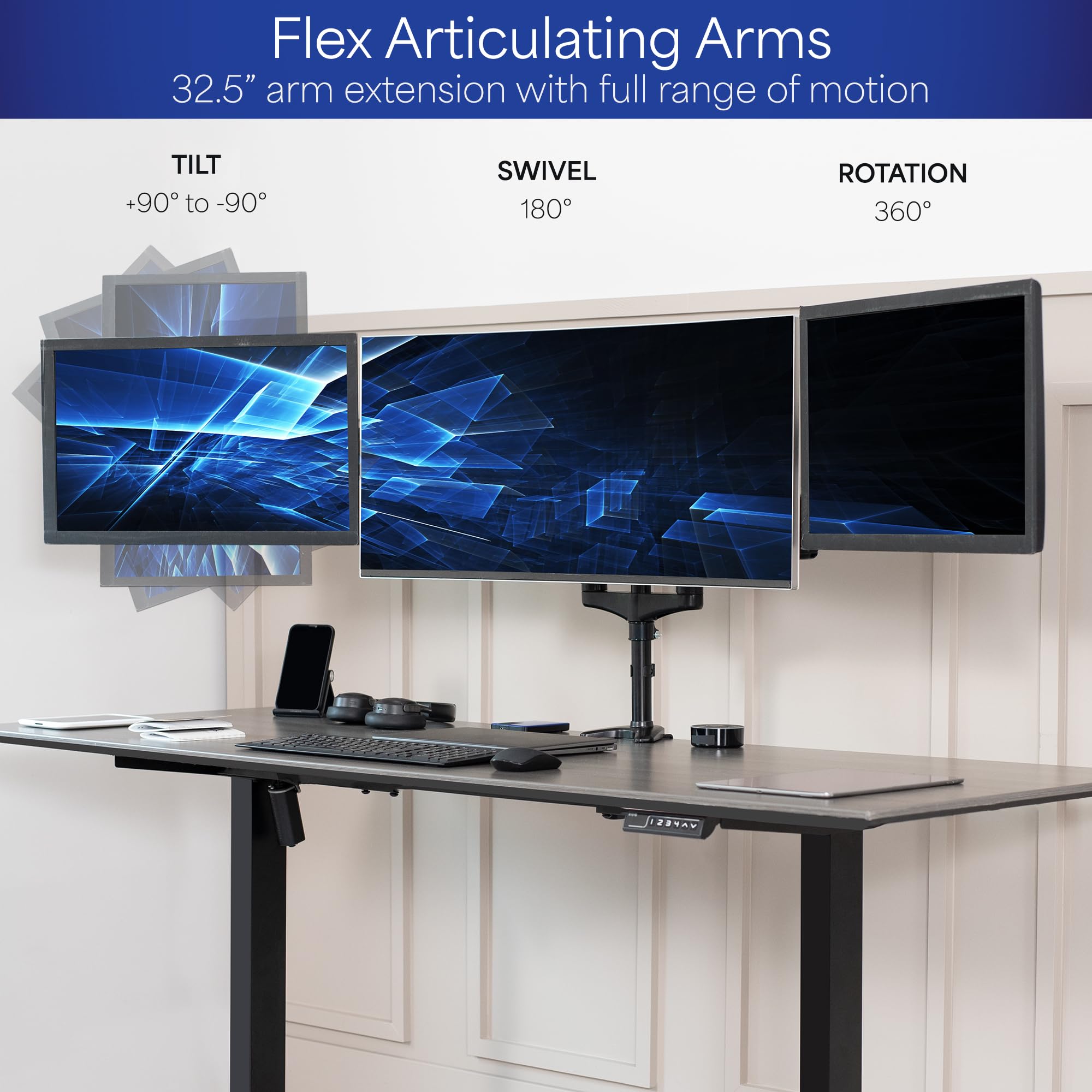 VIVO Triple Monitor Stand for 3 Screens up to 32 inches, Heavy Duty Fully Adjustable Desk Mount with C-Clamp and Grommet Base - Black (STAND-V300G) | Perfect for Home Office, Gaming Setup, and Multi-Screen Workstations