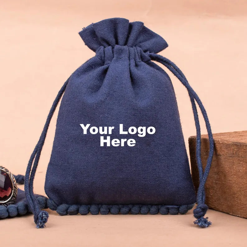 100 Personalized Navy Blue Designer Pouch with Pom Poms - Custom Gift Pouch for Jewelry, Makeup & Keepsakes - Wedding Favors, Bridesmaid Gifts & Party Giveaways
