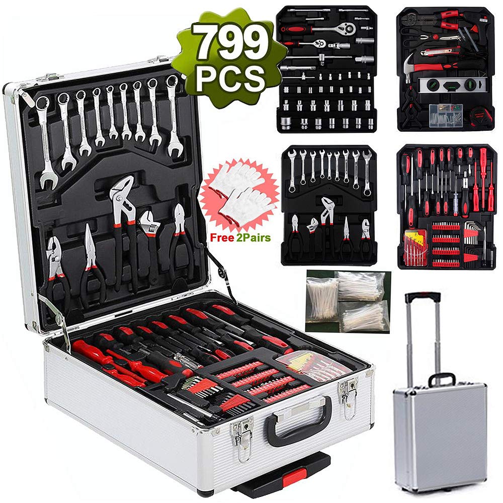 Yeysynana 799-Piece Professional Tool Kit - Heavy Duty Household & Automotive Repair Tools Set with Aluminum Alloy Trolley Case - Perfect for DIY Home Maintenance, Car Repairs, and Machinery Fixing - Ideal for Handymen, Mechanics, and Homeowners