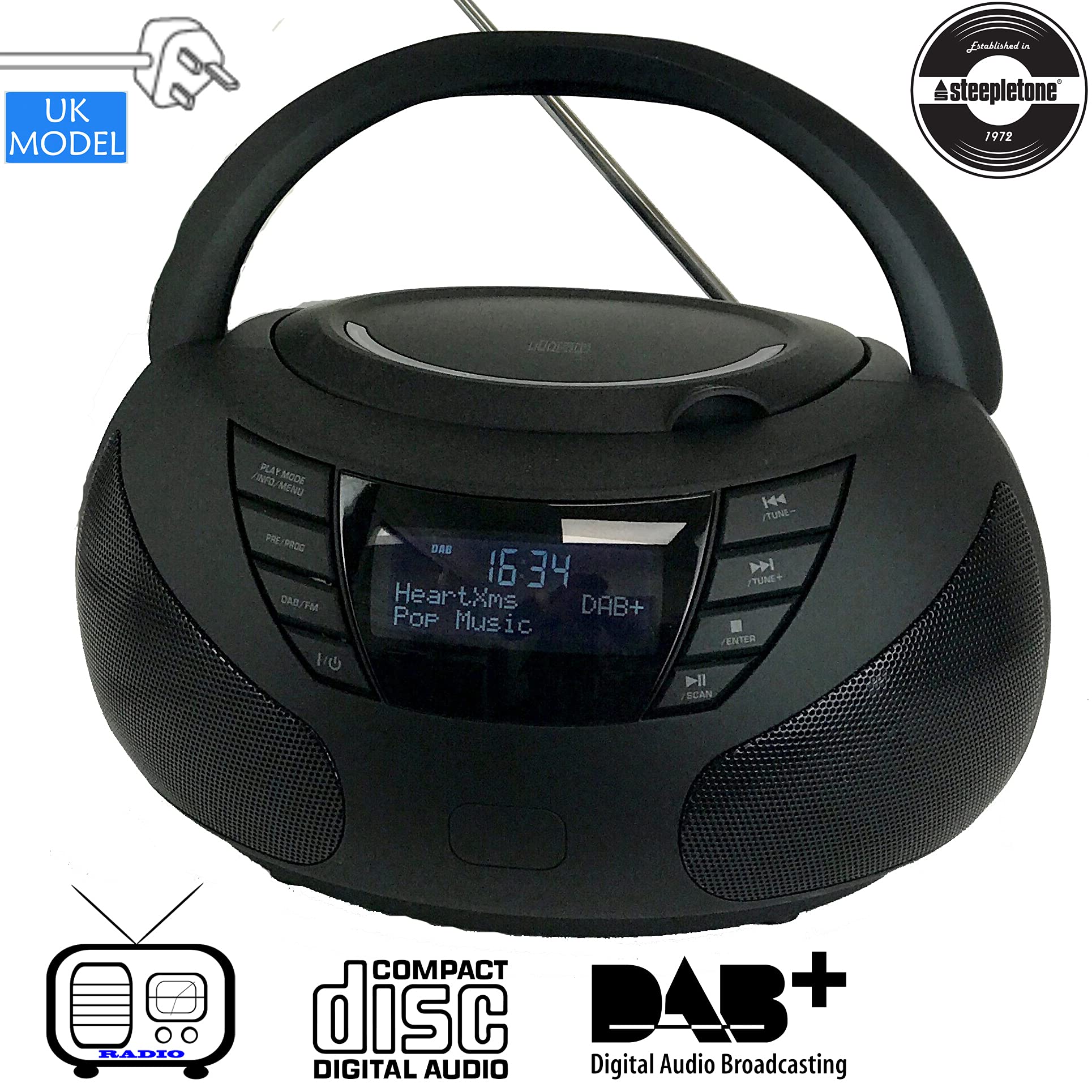 Steepletone DabStar Mk2 Portable DAB CD Boombox - Digital FM Radio with 20 Track Playlist, Stereo Sound & Earphone Jack | Battery or Mains Powered Compact CD Player for Home, Office & Outdoor Use