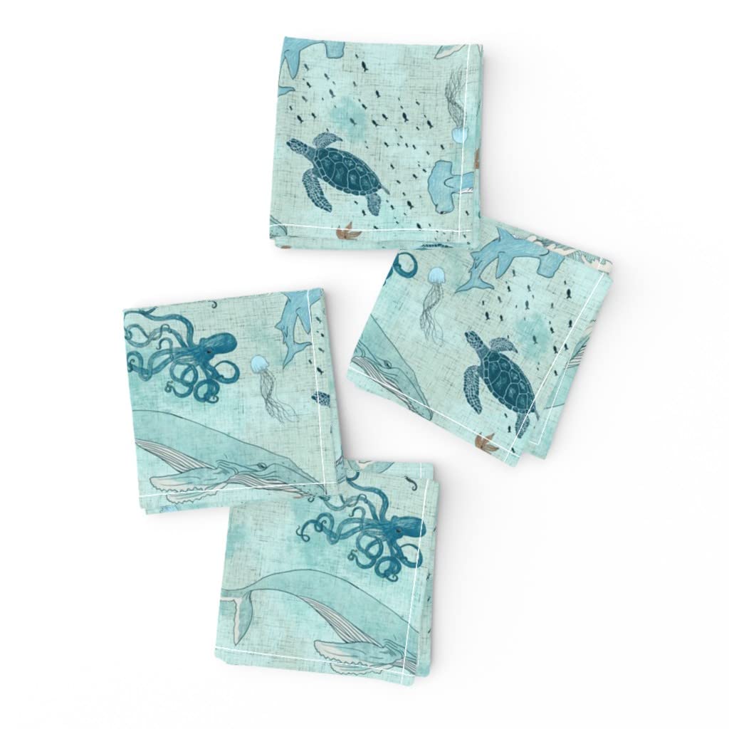 Spoonflower Linen Cotton Canvas Cocktail Napkins Set of 4 - Nautical Whales Sharks Octopus Waves Ocean Print Cloth Napkins for Bar, Party & Home Decor - Blue Maritime Aquatic Life Design