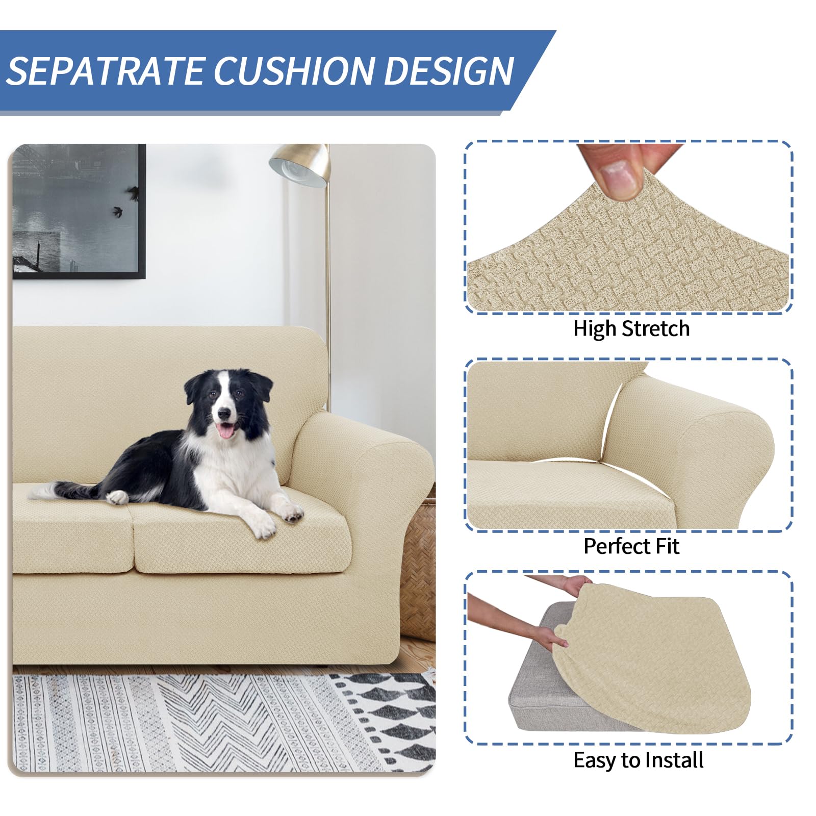 JIVINER 4-Piece Stretch Sofa Slipcover Set with 3 Extra Large Cushion Covers - Thick Fitted Couch Cover for 3-Cushion Sofa in Light Beige - Perfect for Living Room, Family Room & Home Decor (XL Size)