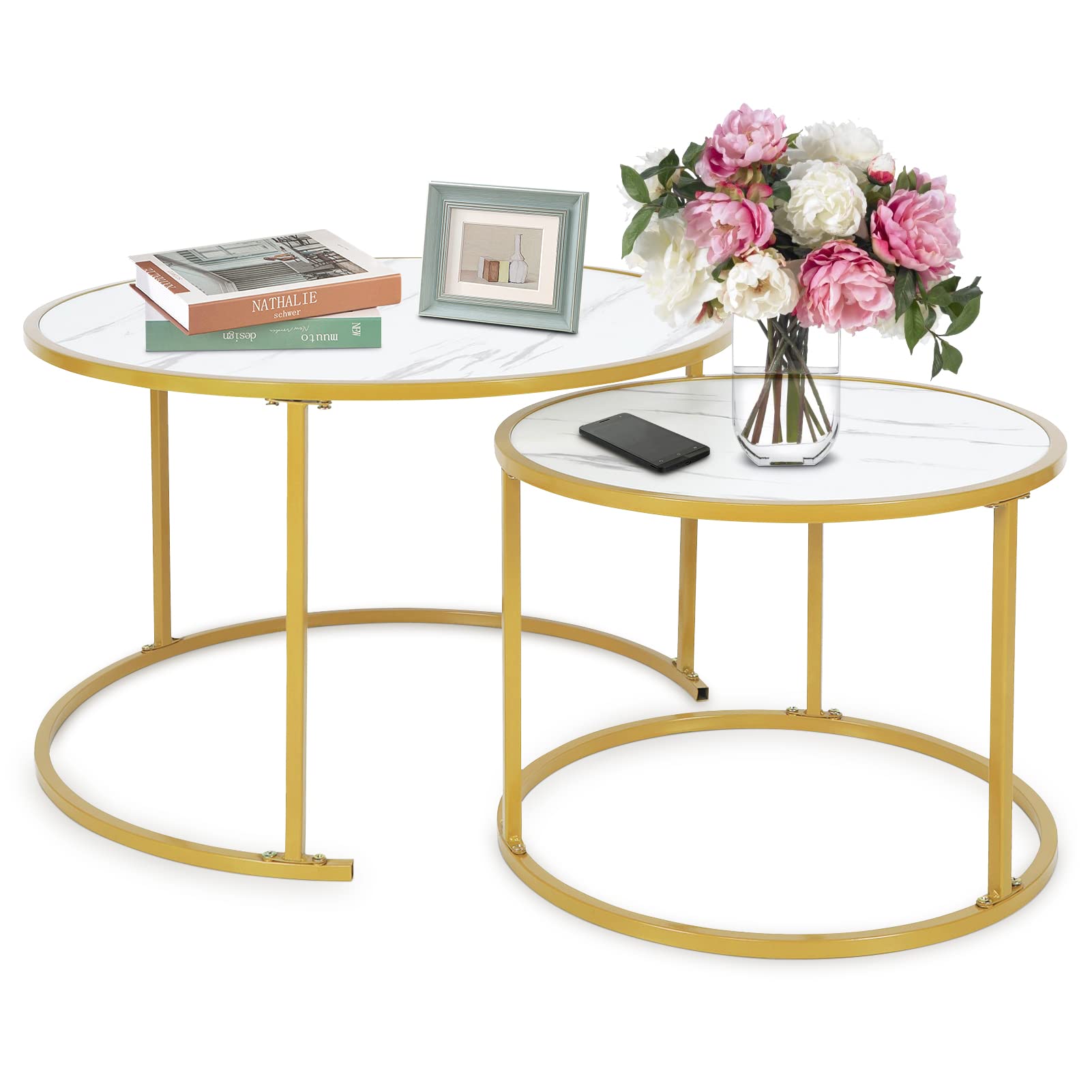 2-Piece Round Nesting Coffee Table Set - Modern & Elegant Side Tables for Living Room, Bedroom, or Office - Perfect for Small Spaces & Home Decor