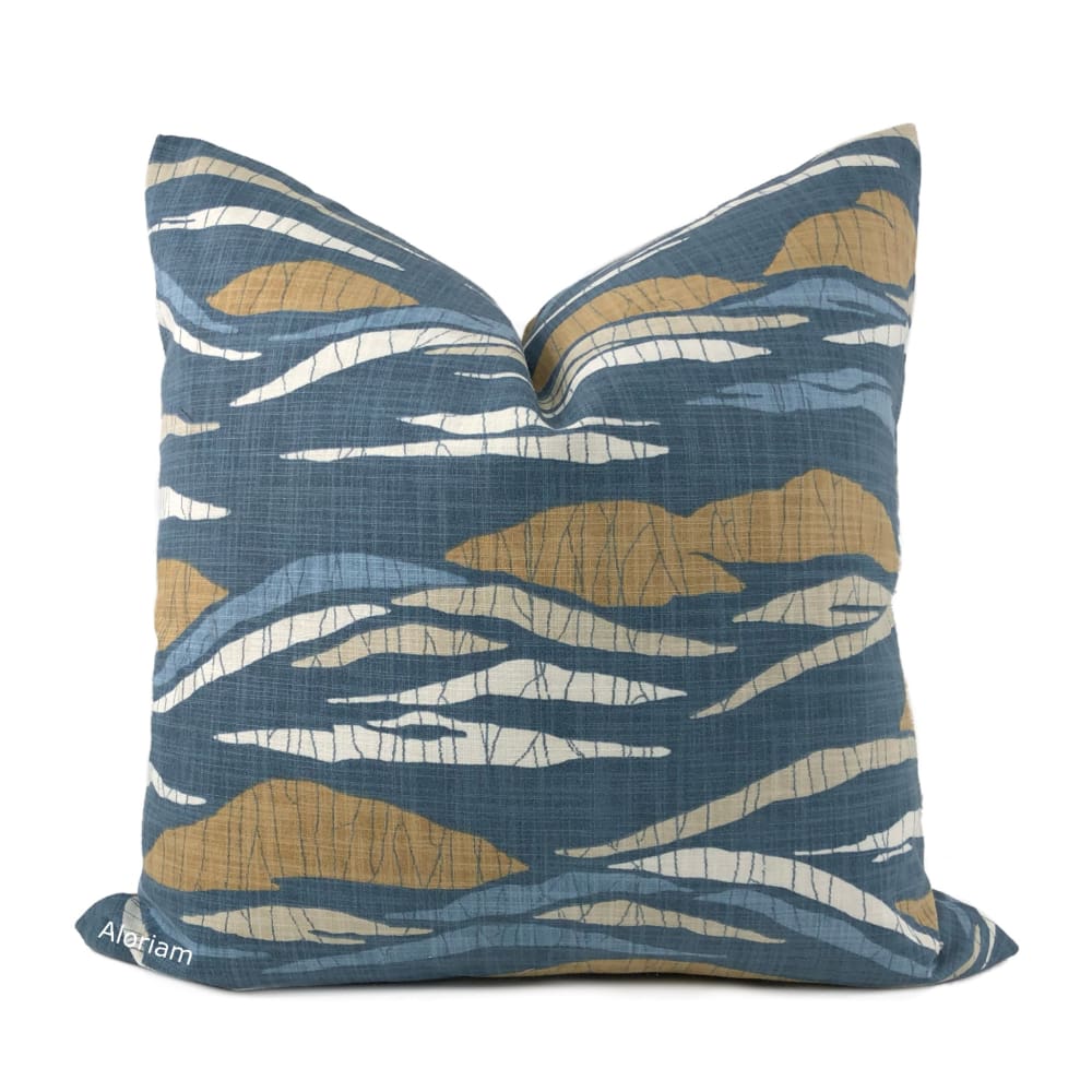 Robert Allen Lotus Hills Slate Blue & Ochre Brown Decorative Pillow Cover - Soft Cotton Blend Square Throw Pillow Case for Living Room, Bedroom, Sofa & Home Decor