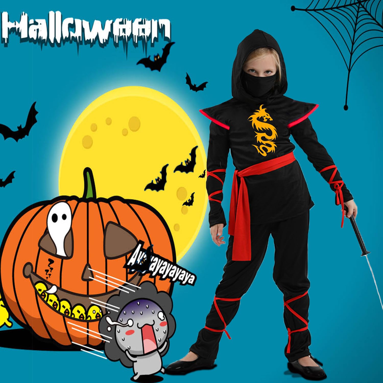 Boys Ninja Costume Set for Halloween - Kids Ninja Warrior Outfit with Mask & Belt - Perfect for Halloween Parties, Cosplay & Dress-Up Play
