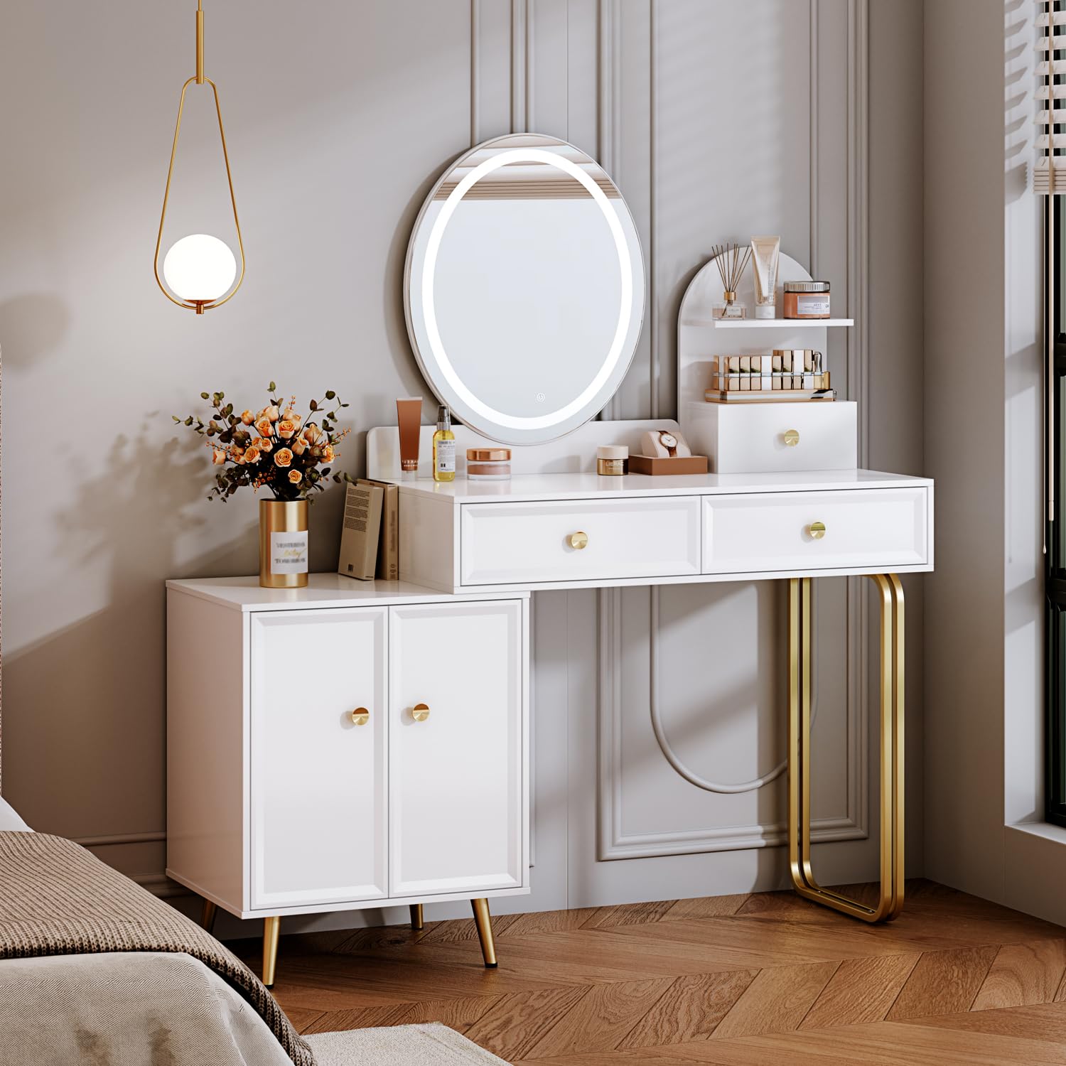 White Vanity Desk with Mirror and Lights - Small Makeup Vanity Table with 2 Spacious Drawers & Adjustable Cabinet - Modern Dressing Table for Bedroom, Makeup Room, Home Office or Writing Desk - Perfect for Cosmetics Storage & Daily Beauty Routine