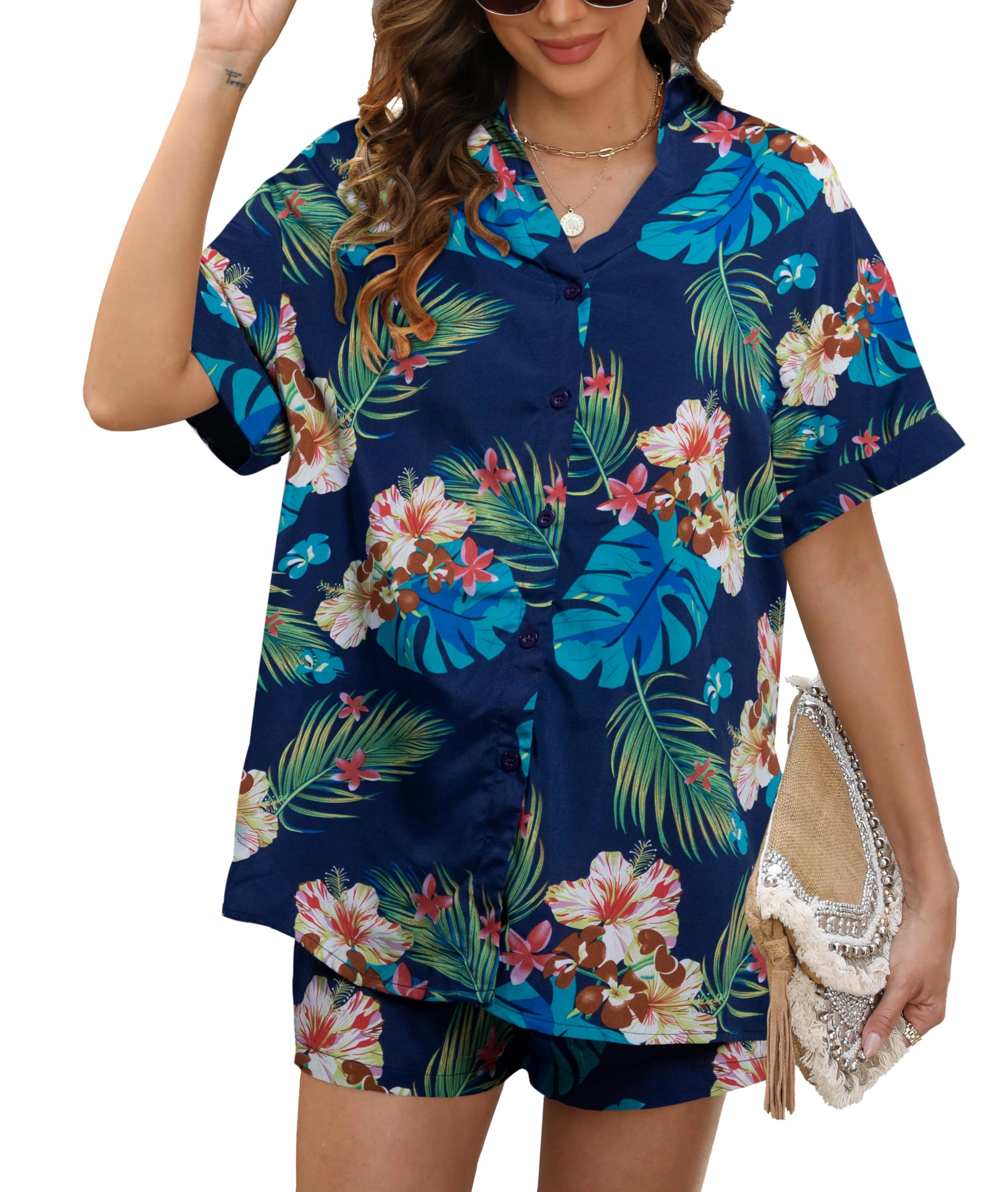 KIDDAD Women's 2 Piece Summer Outfit - Tropical Print Short Sleeve Hawaiian Shirt & Shorts Set | Beach Vacation, Pool Party, Casual Wear