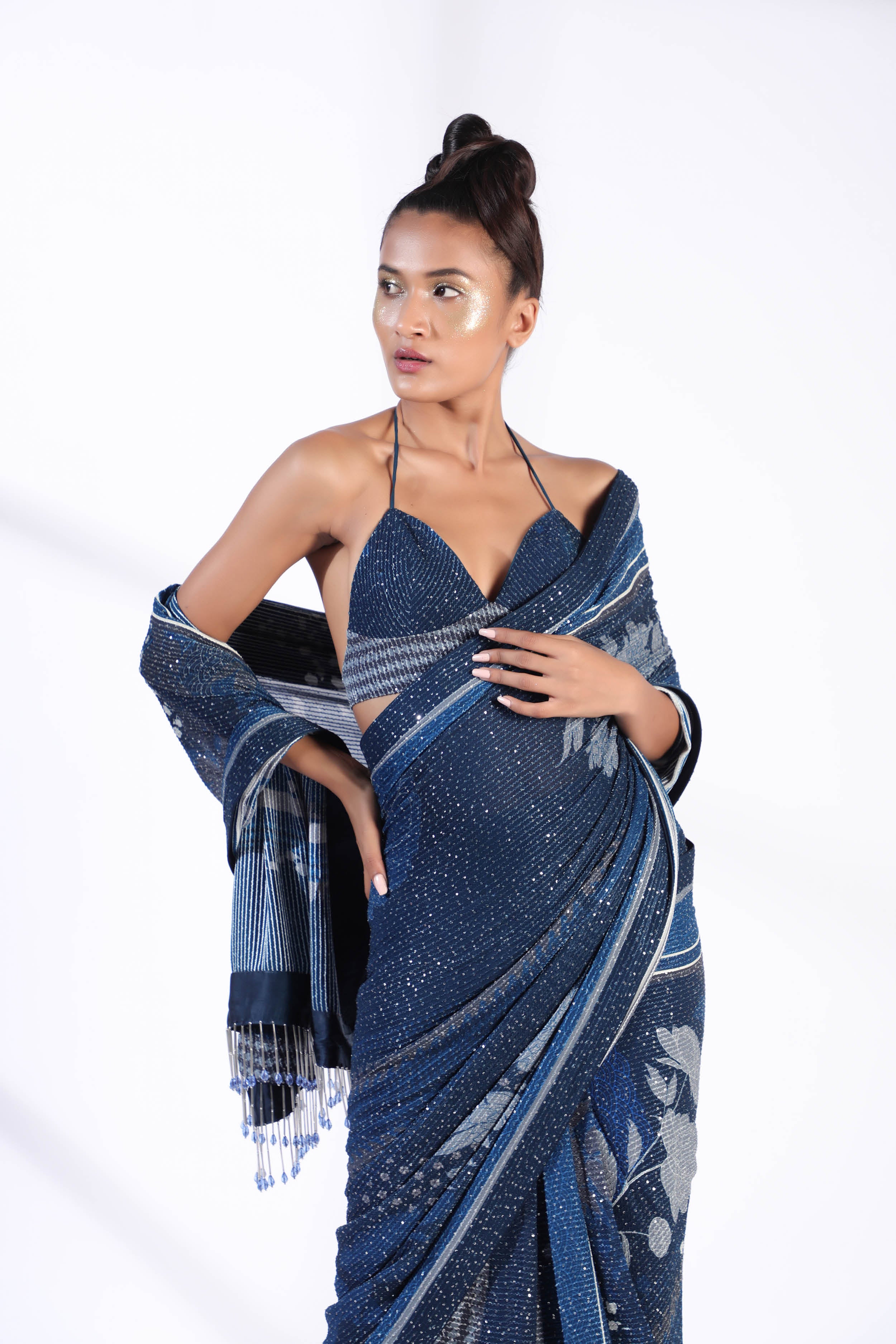 Indigo Blue Floral Two Piece Pre-Pleated Saree with Sheer Georgette Blouse - Elegant Indian Ethnic Wear for Weddings & Festive Occasions