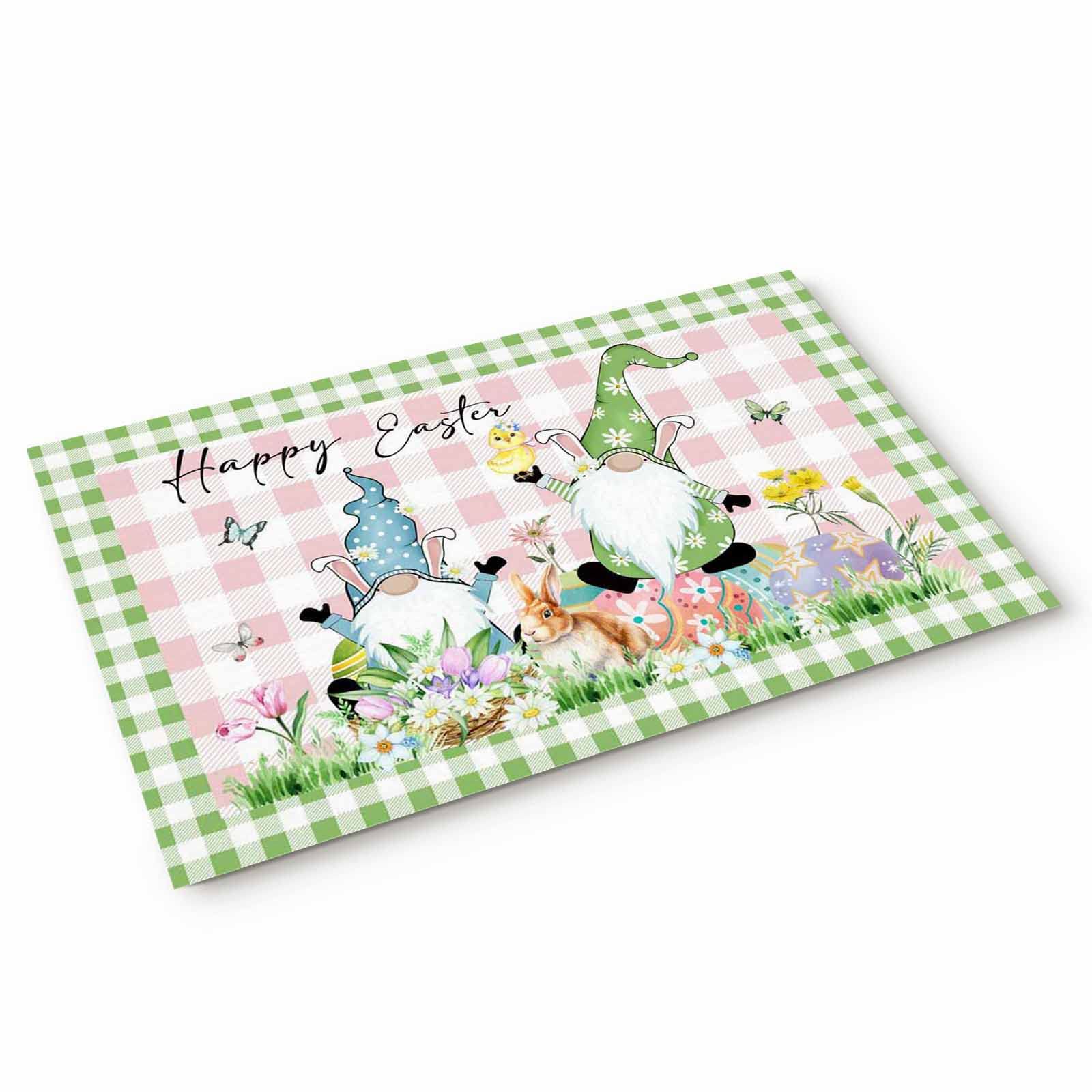 Easter Gnomes Doormat 16x24 Inch - Funny Spring Floral Bunny Eggs Checkered Welcome Mat for Front Door, Indoor Entrance, Kitchen & Bathroom | Anti-Fatigue Floor Rug for Home Decor (Green & Pink) - Perfect for Easter Decorations, Housewarming Gifts & Seasonal Home Styling