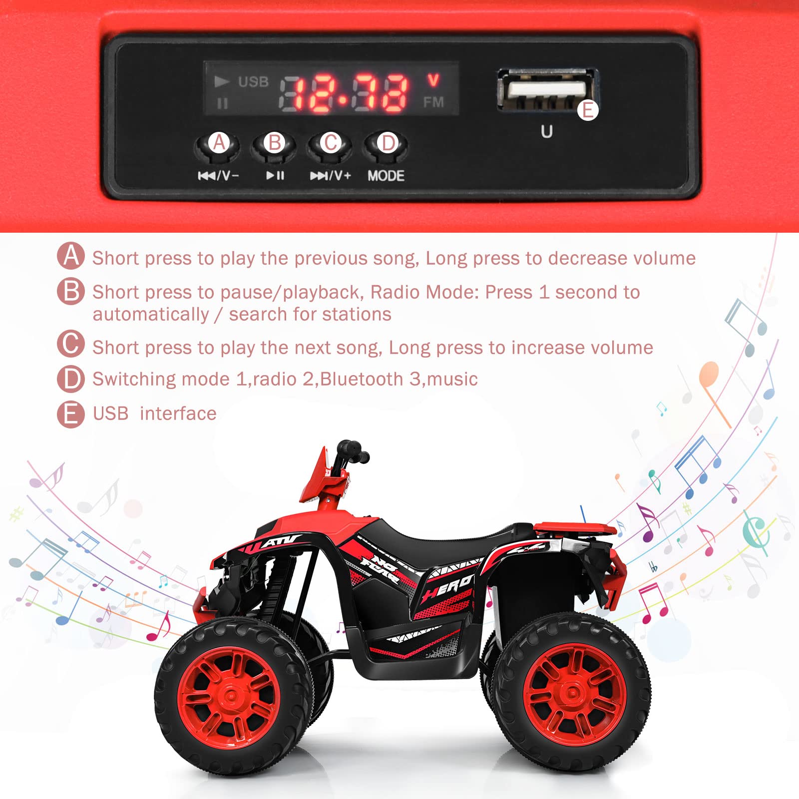 OLAKIDS 12V Kids Ride On ATV Electric Quad - 4 Wheeler Battery Powered Motorized Toy Car for Boys & Girls with LED Lights, Music & Horn - High/Low Speed & Soft Start (Red) - Perfect for Outdoor Play, Backyard Fun & Birthday Gifts