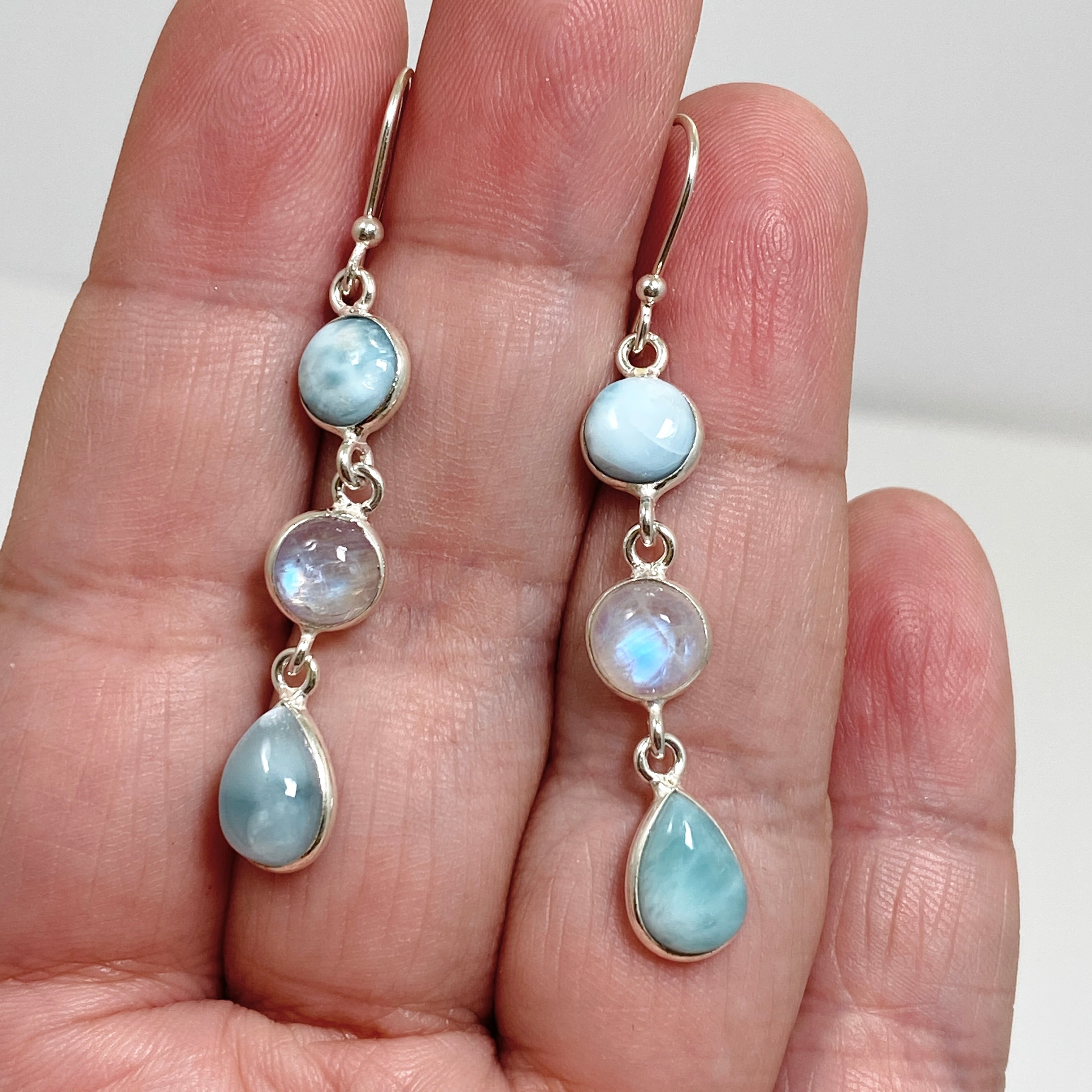 Larimar & Moonstone Dangle Earrings for Women - Handmade Sterling Silver Jewelry - Perfect for Weddings, Parties & Gifts