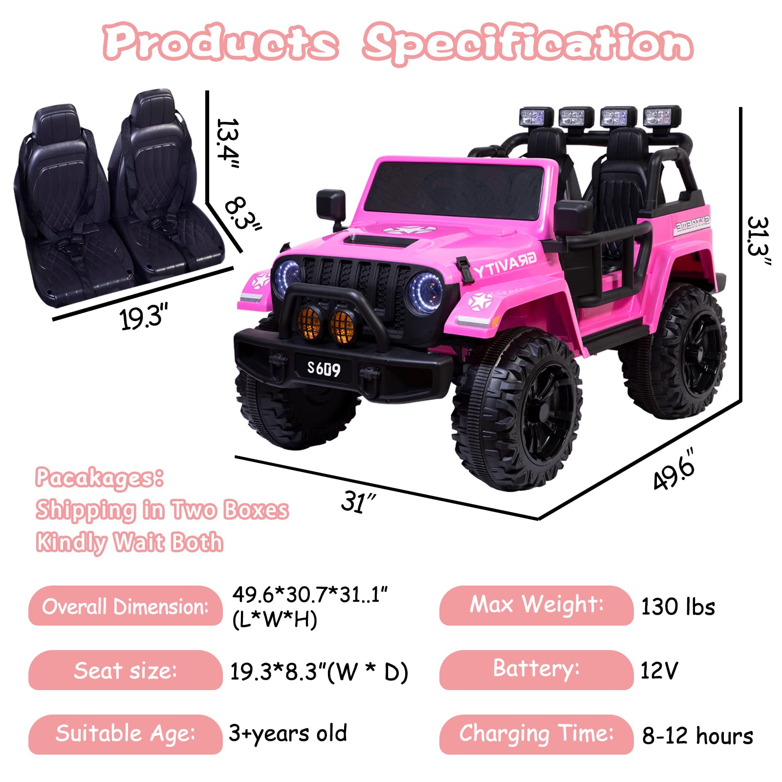 12V Pink Kids Electric Ride-On Truck - 2 Seater Battery Powered Car with Remote Control, Spring Suspension & LED Lights | Outdoor Play, Birthday Gifts, Family Fun Activities