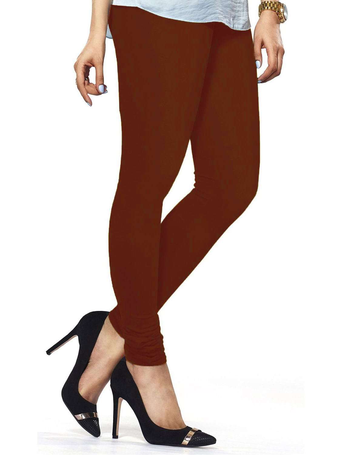 Premium Cotton Lycra Churidar Leggings - Free Size, Brown - Comfortable Stretchy Pants for Yoga, Dance & Casual Wear