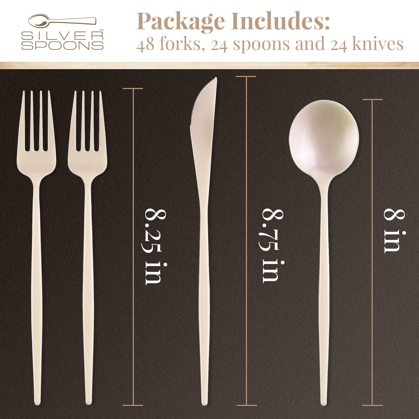 Premium Disposable Flatware Set - 96 pcs Heavy Duty Plastic Cutlery (48 Forks, 24 Knives, 24 Spoons) | Elegant Cream Silverware for Weddings, Parties & Fine Dining | Durable & Stylish Plastic Silverware for Events