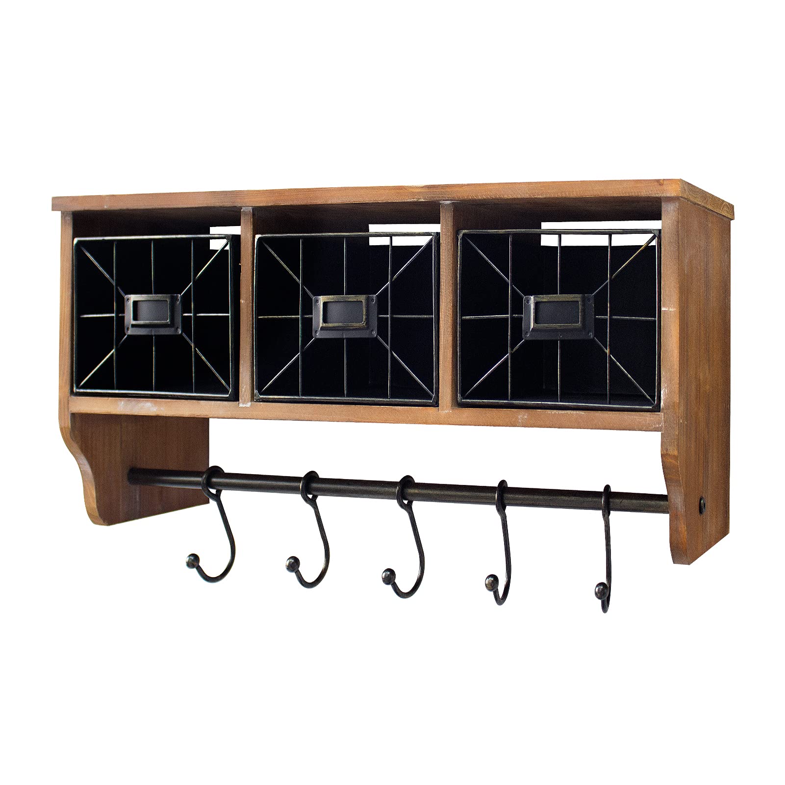 Wall Mounted Coffee Bar Shelf with Baskets & Hooks - Rustic Wooden Entryway Organizer for Coats, Towels & Kitchen Storage | Perfect for Bathroom, Living Room & Home Entryway Decor