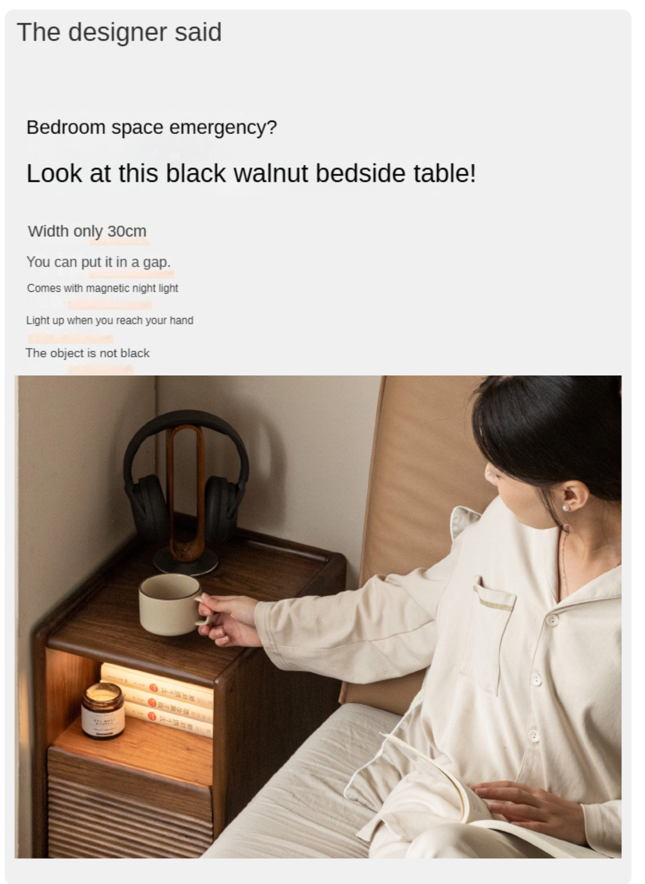 Solid Black Walnut Wood Nightstand with Narrow Design - Perfect for Small Bedrooms, Apartments & Modern Home Decor