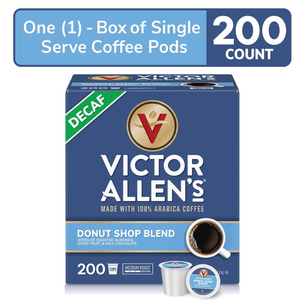 Victor Allen's Decaf Donut Shop Blend Medium Roast Coffee Pods - 200 Count K-Cup Compatible with Keurig Brewers | Perfect for Home, Office & Entertaining