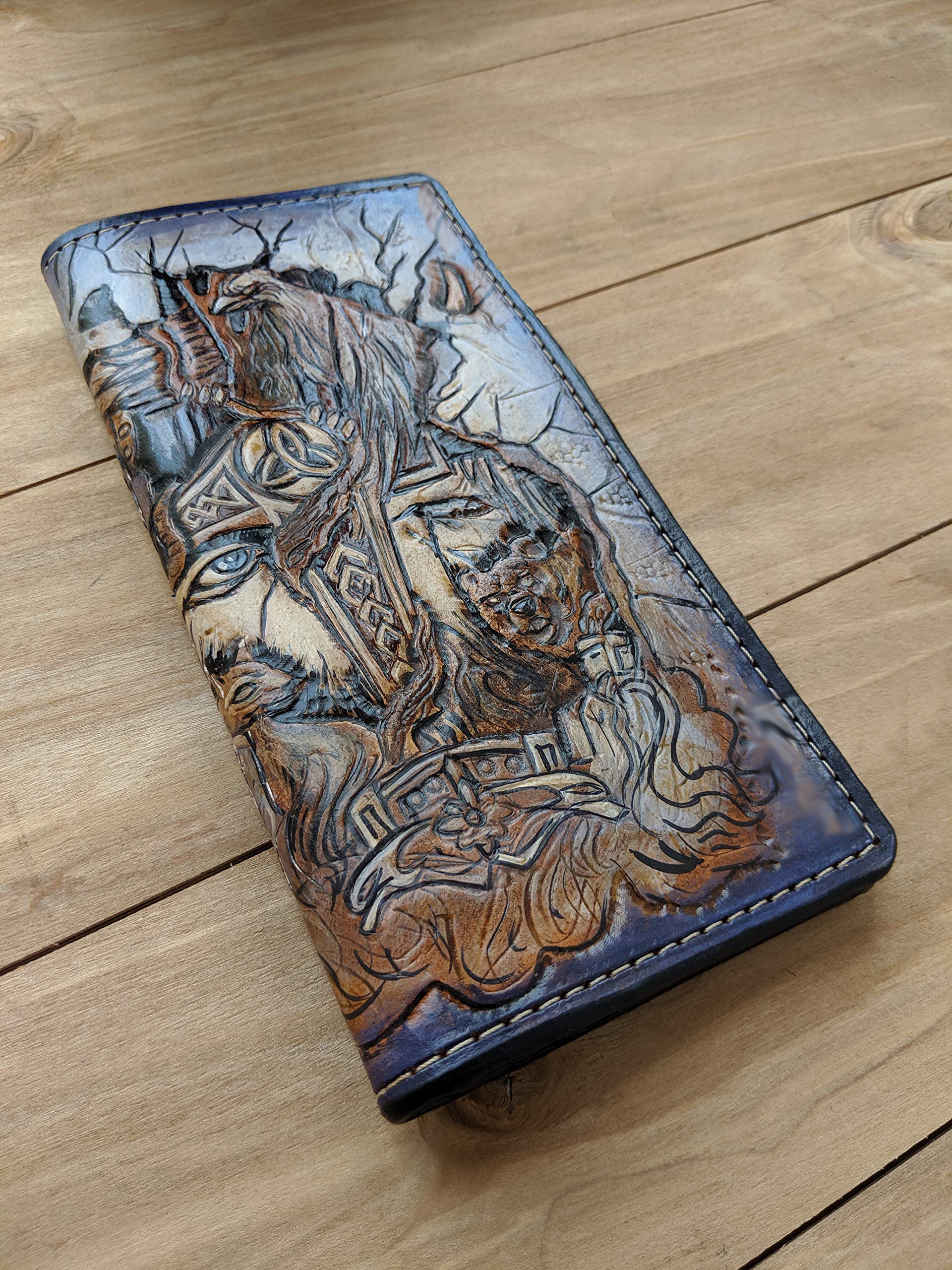 Handcrafted 3D Genuine Leather Wallet for Men - Viking, Odin & Celtic Designs - Custom Biker Wallet with Fox, Bear & Thor Hammer Engravings - Perfect for Motorcycle Riders, Travel & Gift Giving
