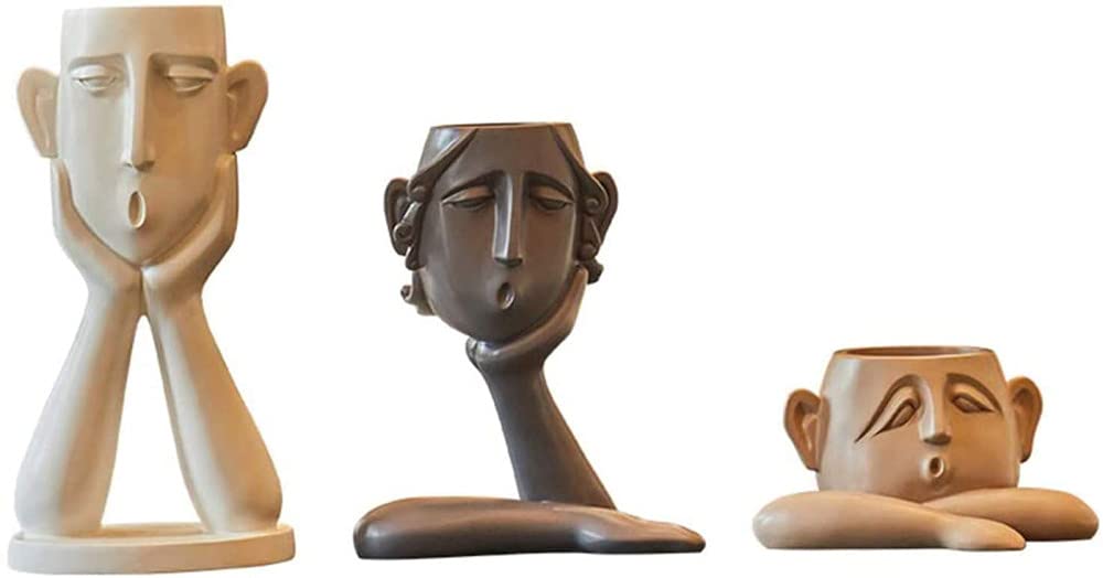3-Piece Ceramic Face Vase Set - Unique Bust Head Shaped Flower Pots, Goblin Statue Planters for Succulents & Small Plants - Modern Home & Office Decor for Living Room, Bedroom, or Gift Giving