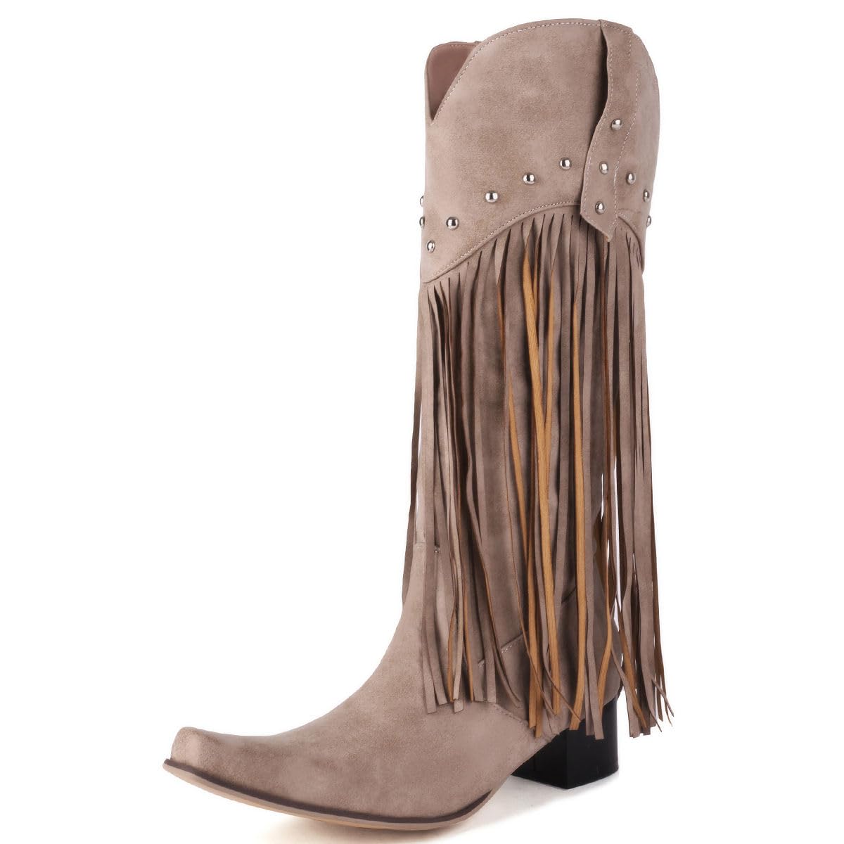KISSASA Fringe Mid Calf Cowboy Boots for Women - Studded Western Cowgirl Boots with Snip Toe & Chunky Heel | Pull On Ankle Boots for Country Dancing, Rodeo & Fashion Outfits