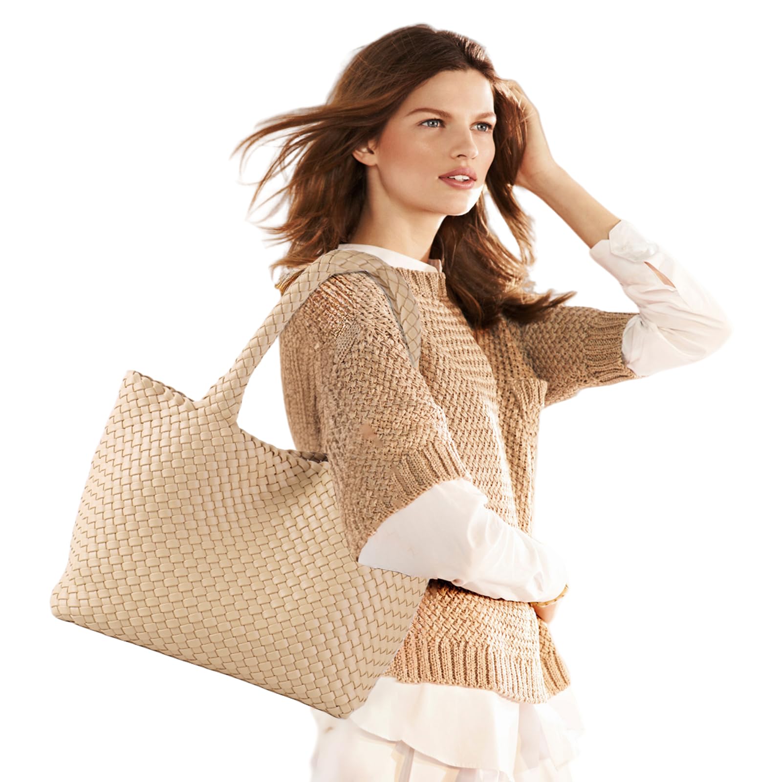 SporGenius Women's Vegan Leather Woven Tote Bag - Large Beach & Travel Handbag with Detachable Small Purse | Perfect for Shopping, Work, and Vacation Getaways