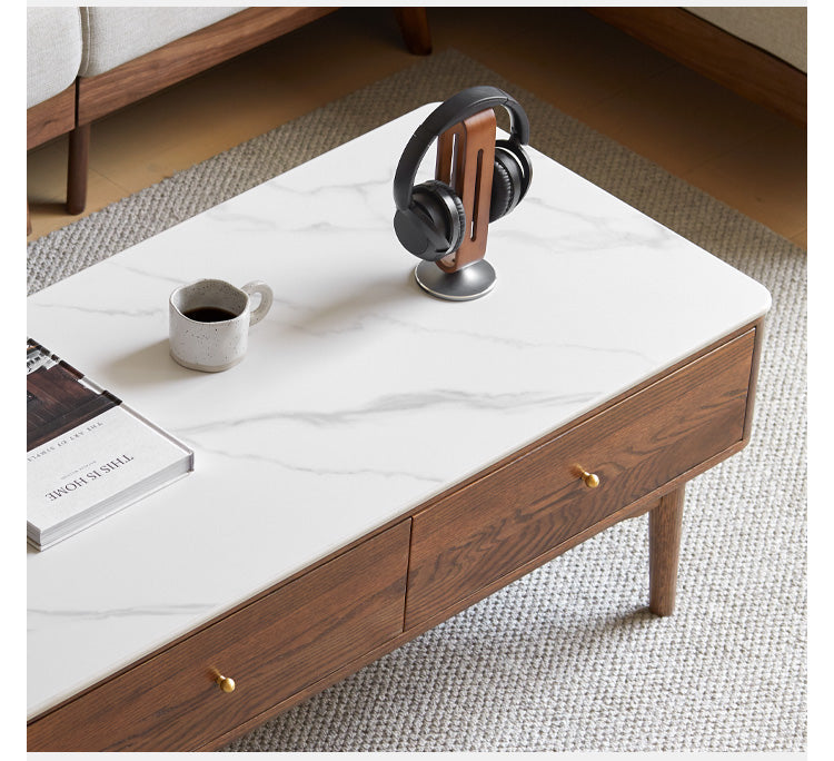 Solid Oak Wood Modern Rock Plate Coffee Table - Stylish Living Room Furniture for Home Decor & Relaxation