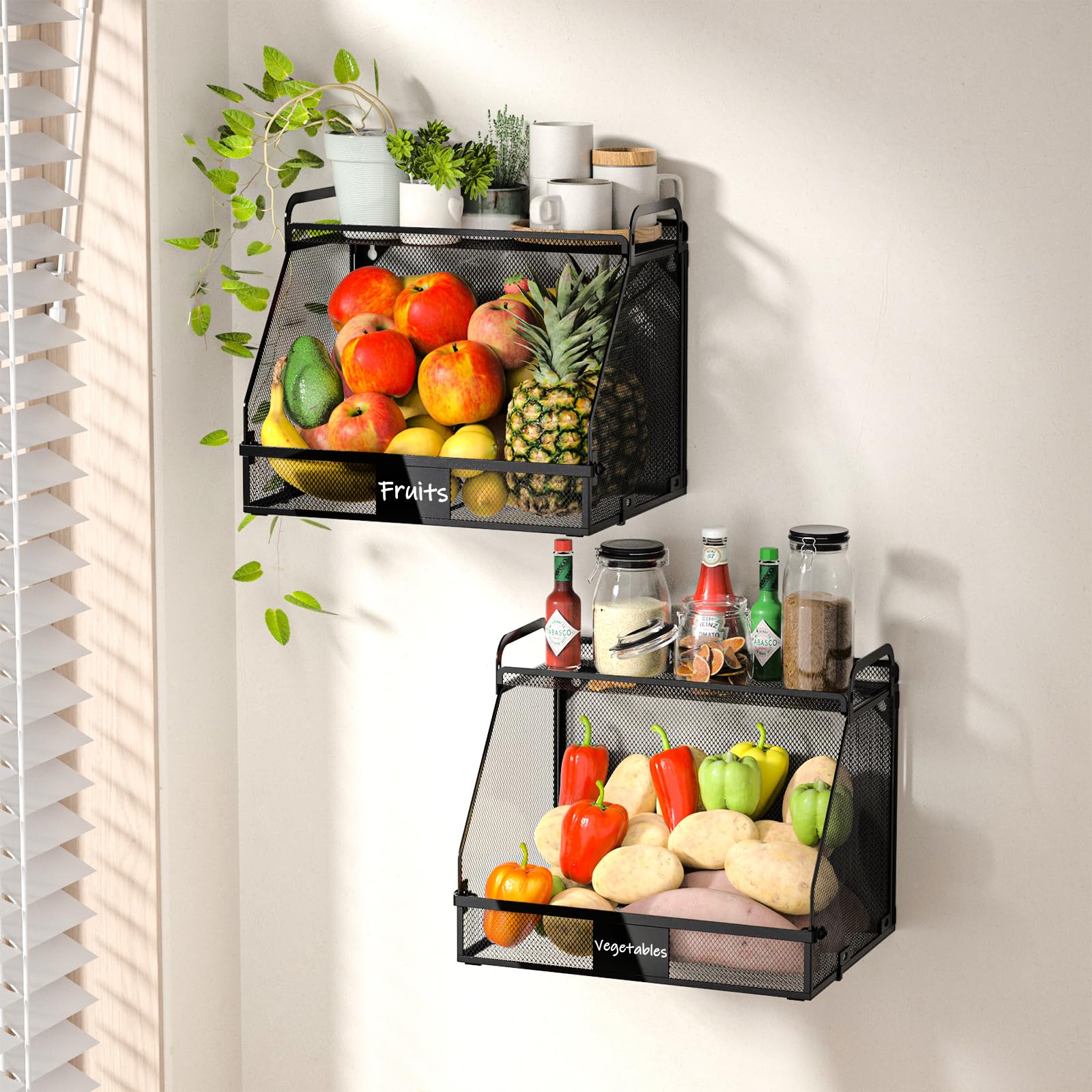 2 Pack Stackable Hanging Fruit Baskets for Kitchen - Onion, Potato & Vegetable Storage - Perfect for Pantry & Wall Organization