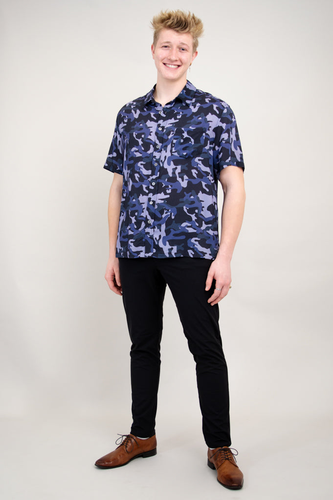 Dino Shirt for Men - Indigo Camo Print Woven Bamboo Fabric - Comfortable Casual Wear for Outdoor Adventures & Street Style