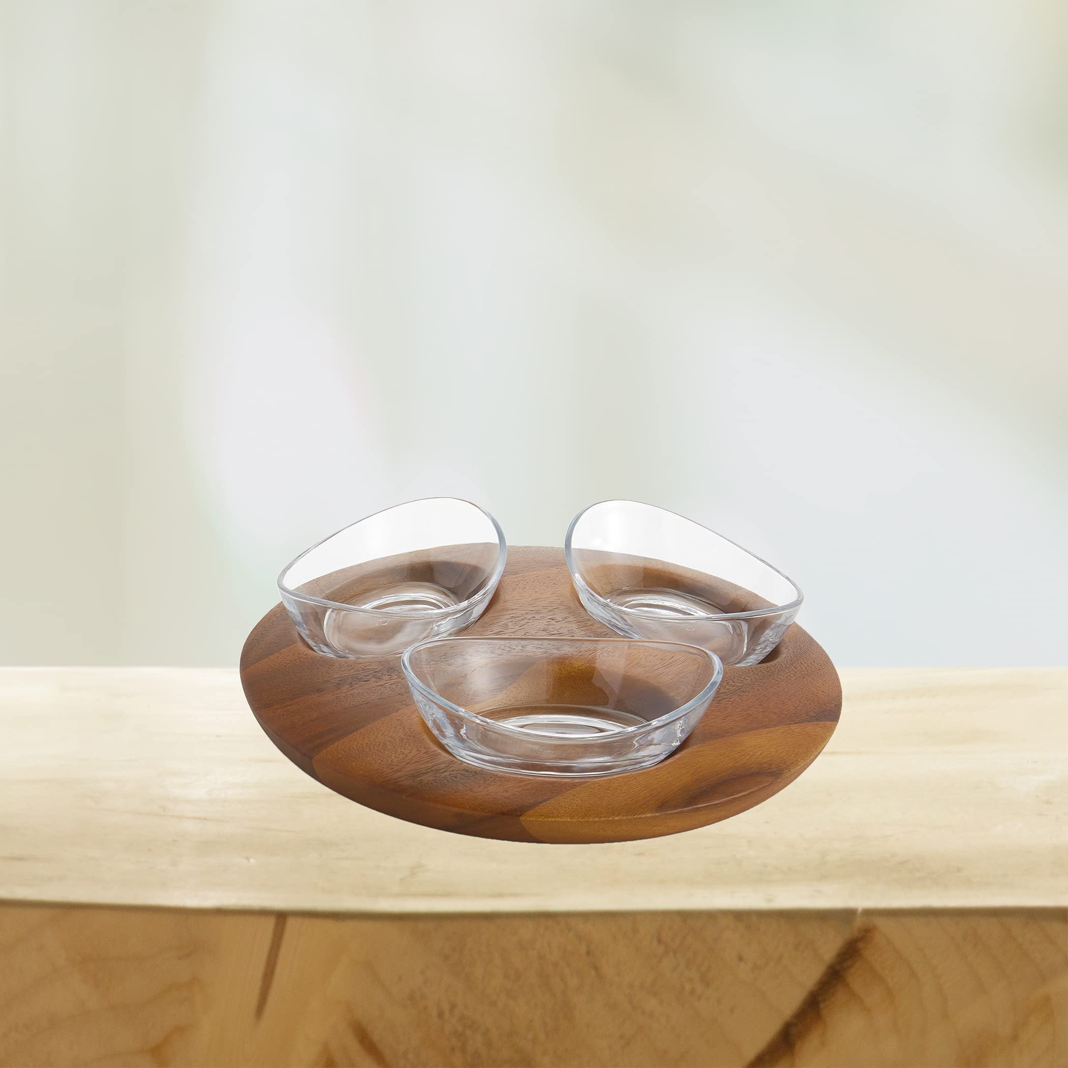 Nambe Vie 3-Piece Condiment Server Set with Acacia Wood Tray & Glass Bowls - Perfect for Serving Nuts, Olives, Dips & Snacks - Elegant Entertaining & Party Serving Dish (12.5