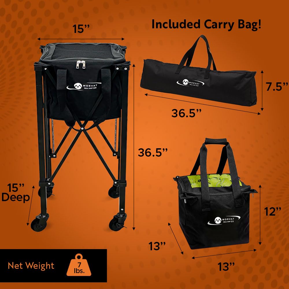 Professional Tennis & Pickleball Ball Hopper - Heavy Duty 165 Ball Capacity Practice Cart with Foldable Design | Portable Sports Training Equipment with Zippered Pocket & Racket Holder | Includes Carry Bag + 3 Tennis Balls for Court Practice & Backyard Drills