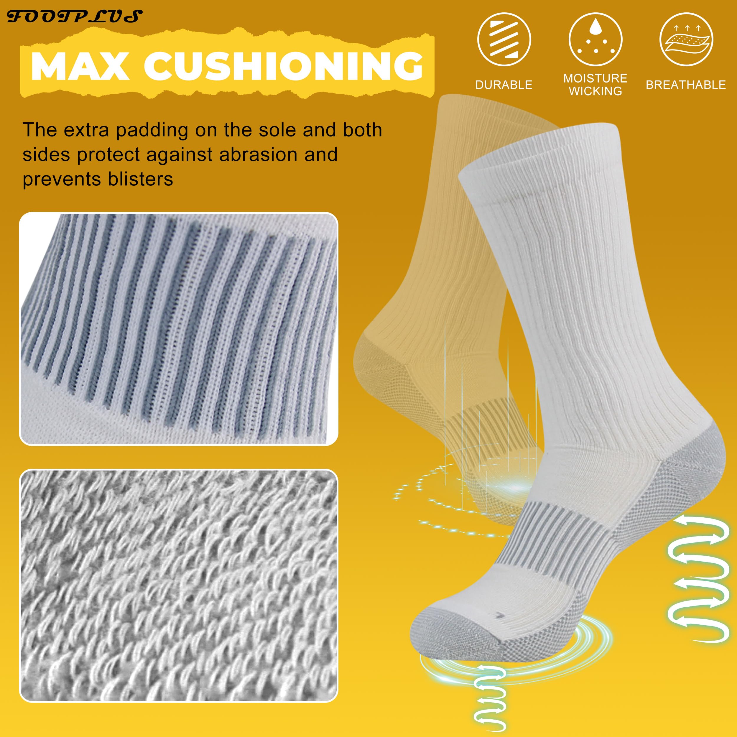 FOOTPLUS Copper Compression Socks for Hiking & Running - Unisex Arch Support Athletic Crew Socks with Cushioned Sole - Perfect for Outdoor Activities, Sports Recovery & Travel Comfort