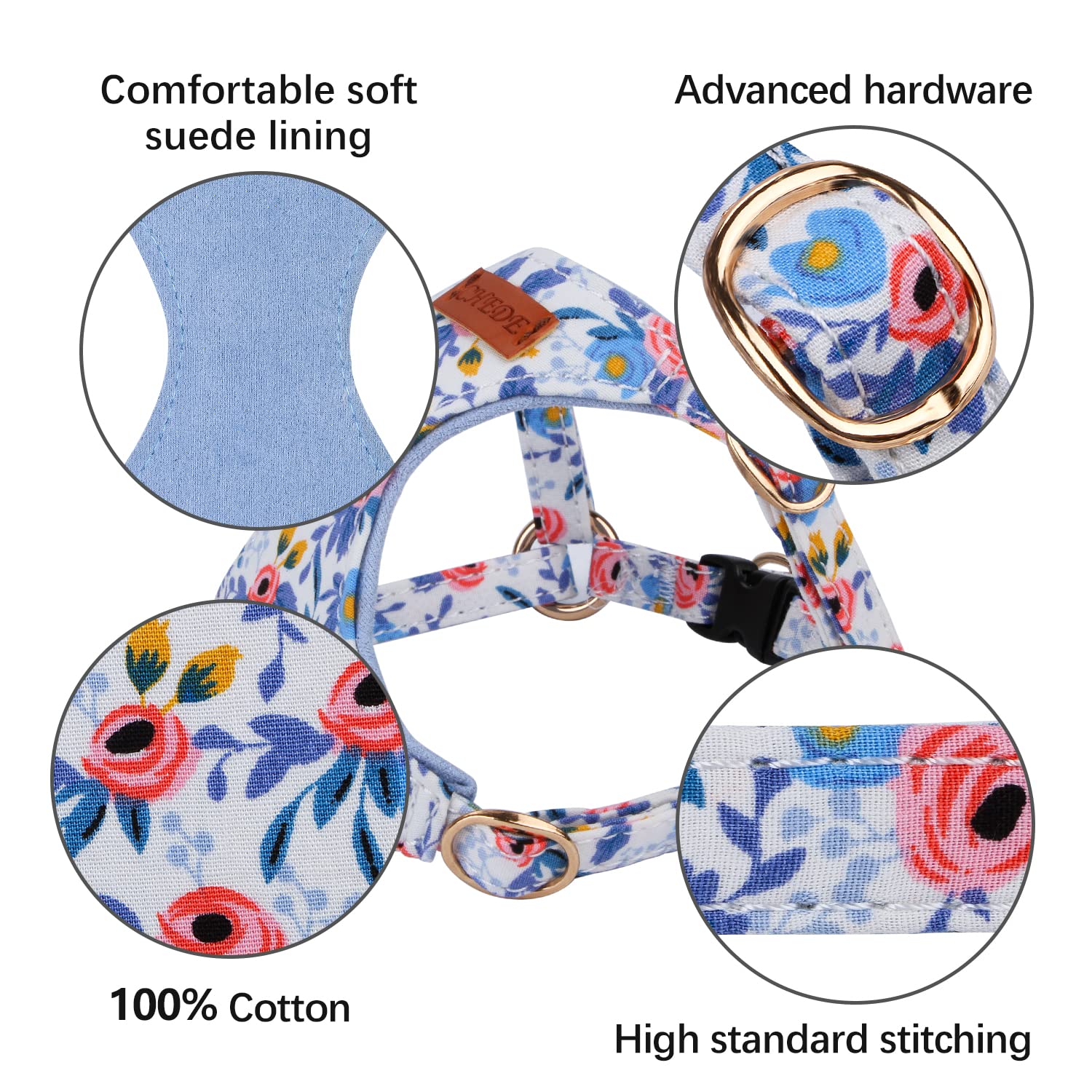 No Pull Floral Dog Harness - Lightweight Adjustable Pet Vest with Leash Set for Small & Medium Dogs | Soft Comfortable Puppy Harness in Blue Rose Pattern | Perfect for Walking, Training & Outdoor Adventures (XS Size)