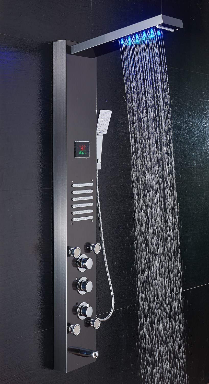 Premium Black LED Shower Panel Tower with Rainfall Shower Head & Body Jets - Modern Rain Massage System for Spa-Like Bathroom Experience | Perfect for Master Bath, Luxury Hotels & Relaxing Home Showers