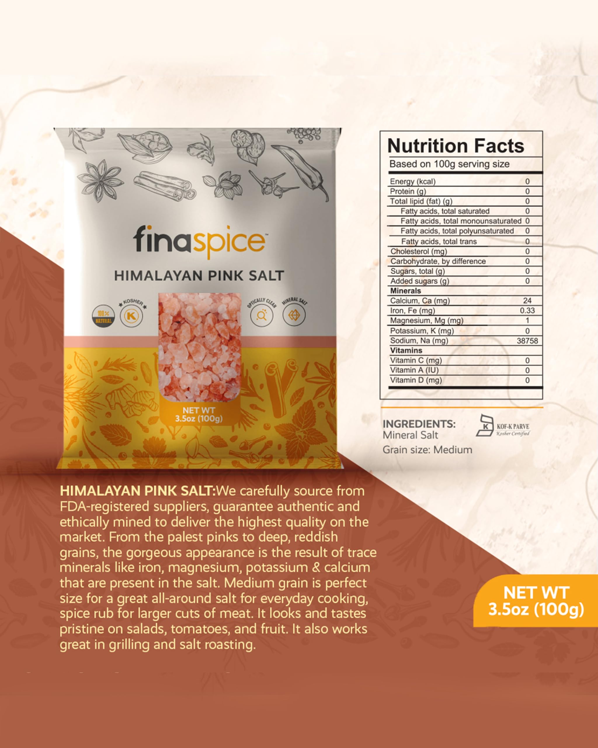 Premium FinaSpice Grinder Refill - 100% Natural Kosher Himalayan Pink Salt & Traditional Seasonings | Perfect for Cooking, PRO Plus Pod & Everyday Meals | Great for Steaks, Salads & Home Kitchen Use