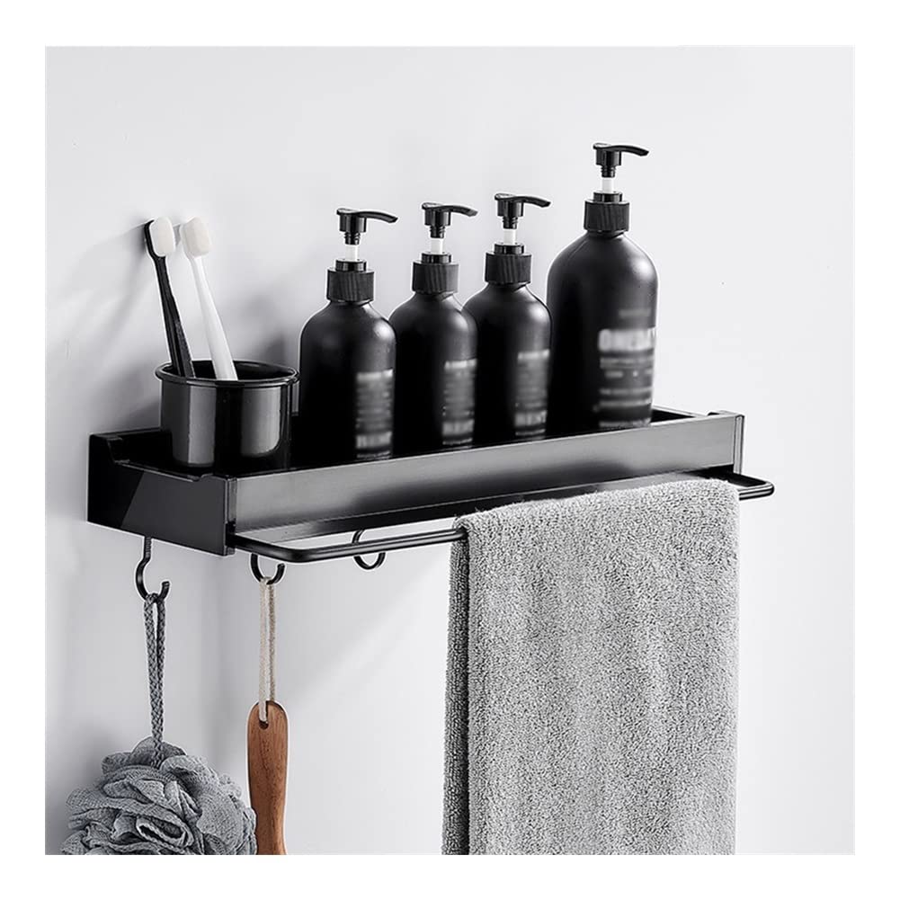 DTKJ Black Aluminum Shower Caddy with Towel Bar & 5 Hooks - 40cm Bathroom Shelf Organizer for Shampoo, Soap & Kitchen Storage - Perfect for Small Spaces & Wall Mounting in Showers, Bathrooms & Kitchens