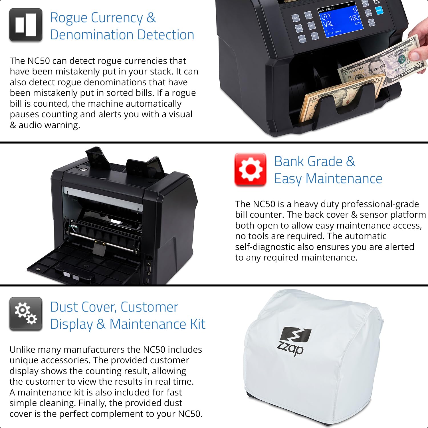 ZZap NC50 Bill Value Counter & Counterfeit Detector Machine - Fast & Accurate Currency Counting with UV/MG/IR Detection - Perfect for Banks, Retail Stores, and Cash-Intensive Businesses