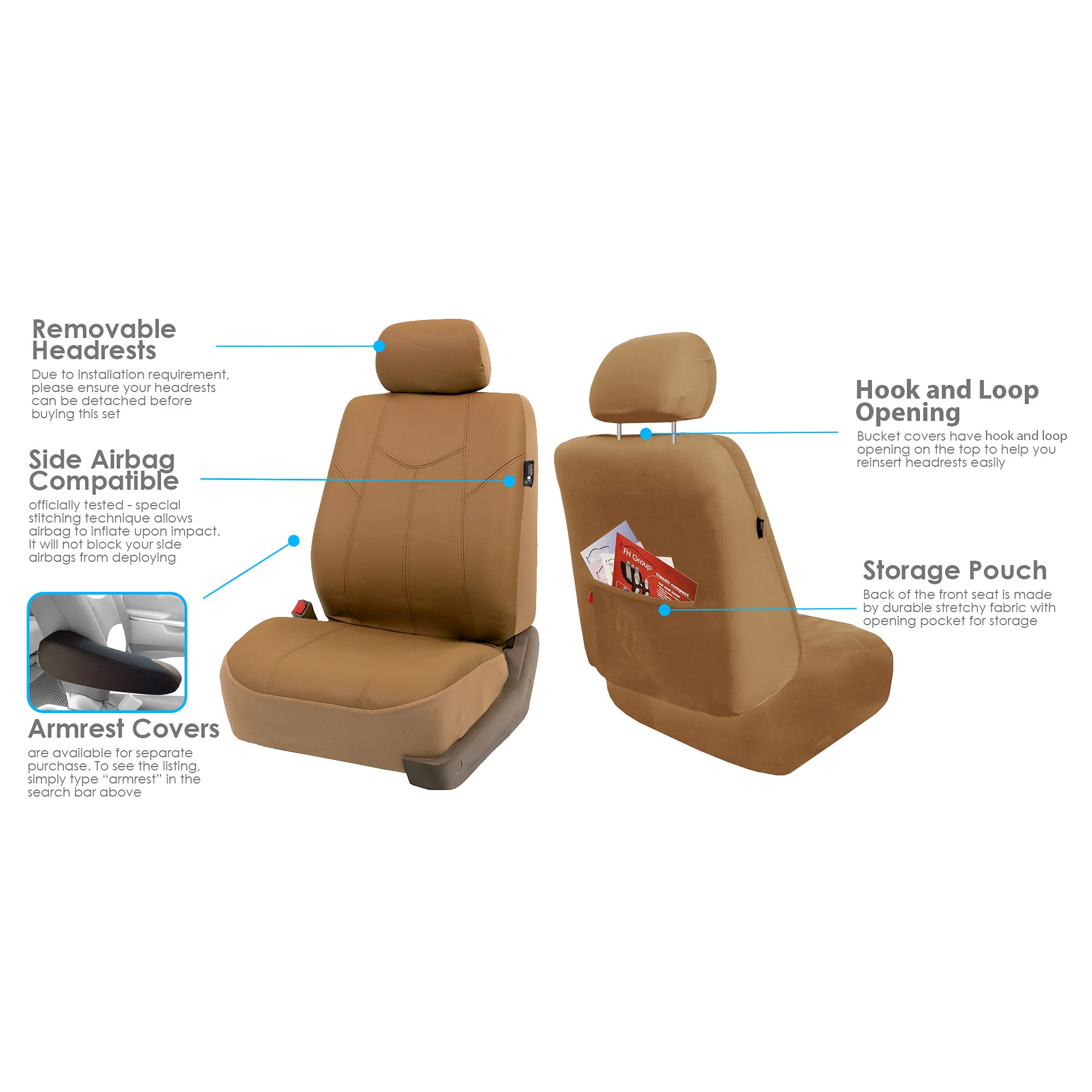 FH Group Car Seat Cover Cushion - 2 Pack Universal Fit Waterproof Faux Leather Seat Covers for Cars, Trucks & SUVs (Tan) - Comfortable & Durable Protection for Long Drives & Daily Commutes