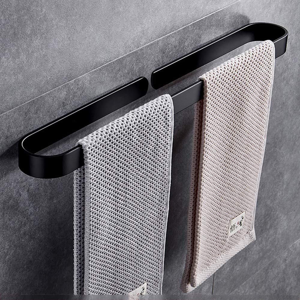 Eummit Black Single Rod Bathroom Towel Rack - Wall Mounted No Drill Towel Bar with Hanging Rings for Bath, Kitchen & Laundry Room Organization
