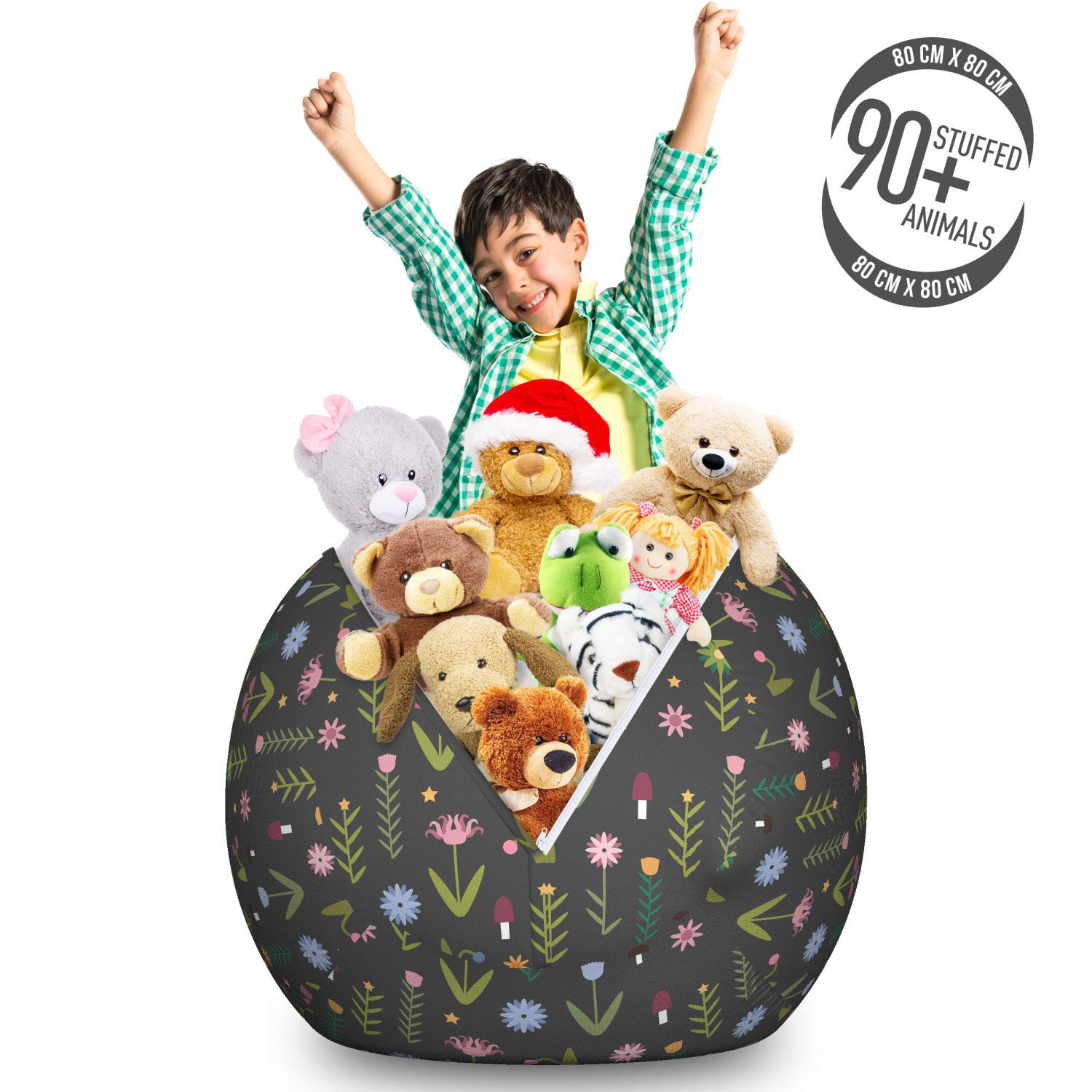 Ambesonne Floral Storage Toy Bag Chair - Large Washable Stuffed Animal Organizer with Tulip, Iris, Daisy & Rose Petals Forest Mushroom Pattern (Olive Green Dried Rose) - Perfect for Kids' Room, Nursery & Playroom Organization