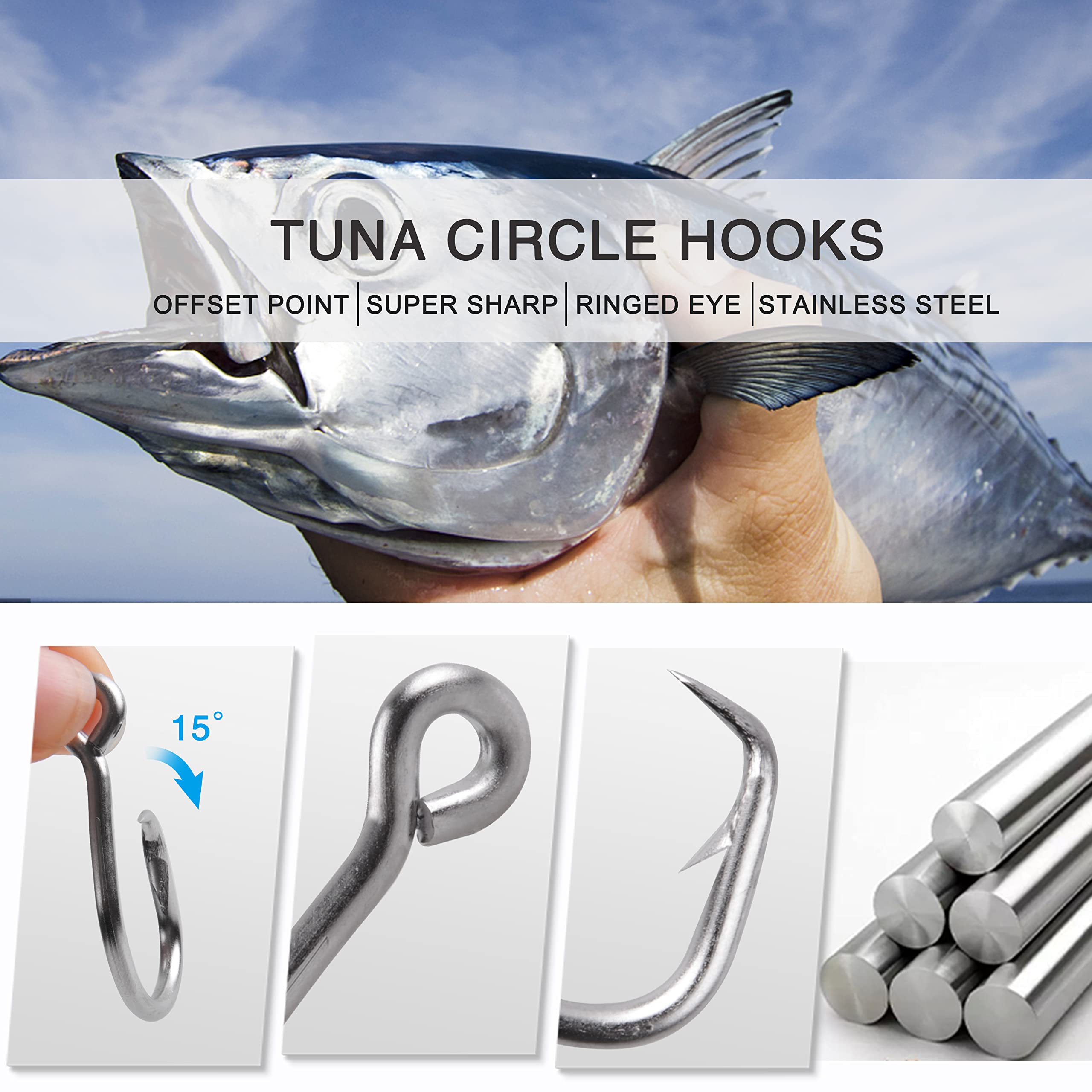 Stainless Steel Tuna Circle Hooks - 2X Strong Short Shank Big Game Fishing Hooks for Catfish, Bass, Tuna (Size 8/0-18/0) - Saltwater & Freshwater Fishing Gear for Offshore and Inshore Angling