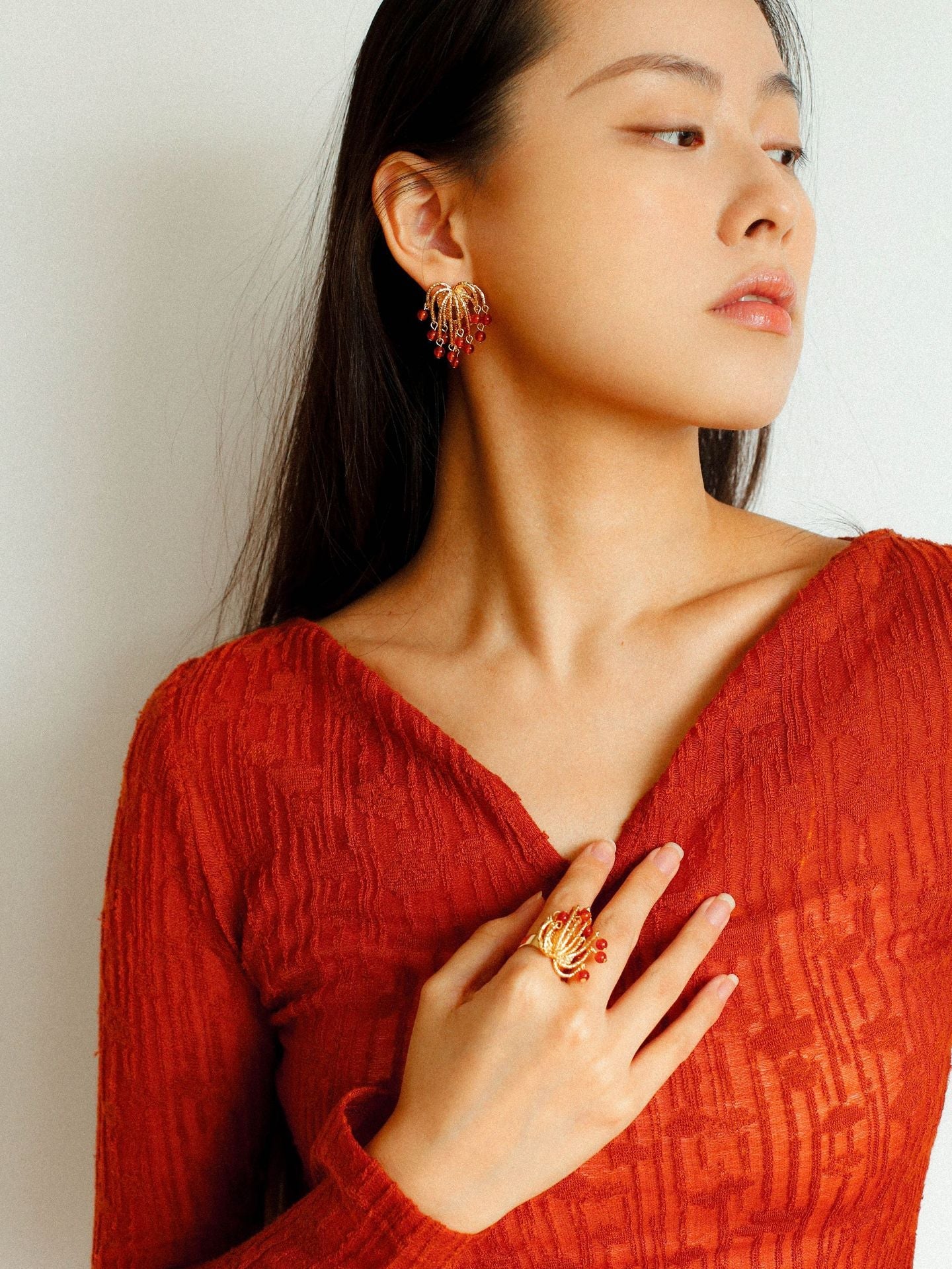 Firework Blossom Pearl Red Agate Ring for Women - Elegant Bohemian Jewelry for Party, Wedding & Special Occasions