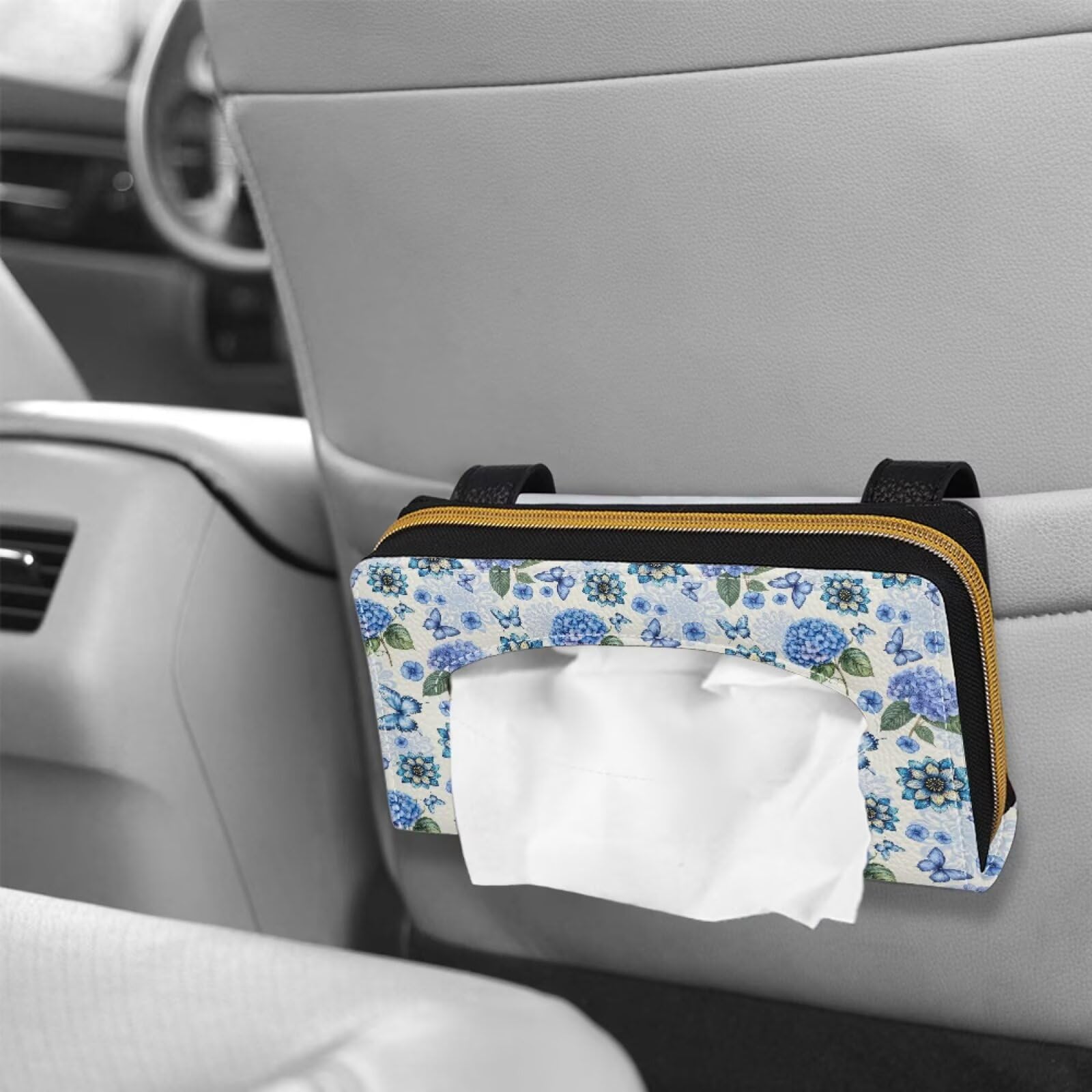 Blue Butterfly Mandala Hydrangea Floral Car Tissue Holder - PU Leather Sun Visor Napkin Organizer for Backseat | Car Accessories for Women, Travel & Road Trips