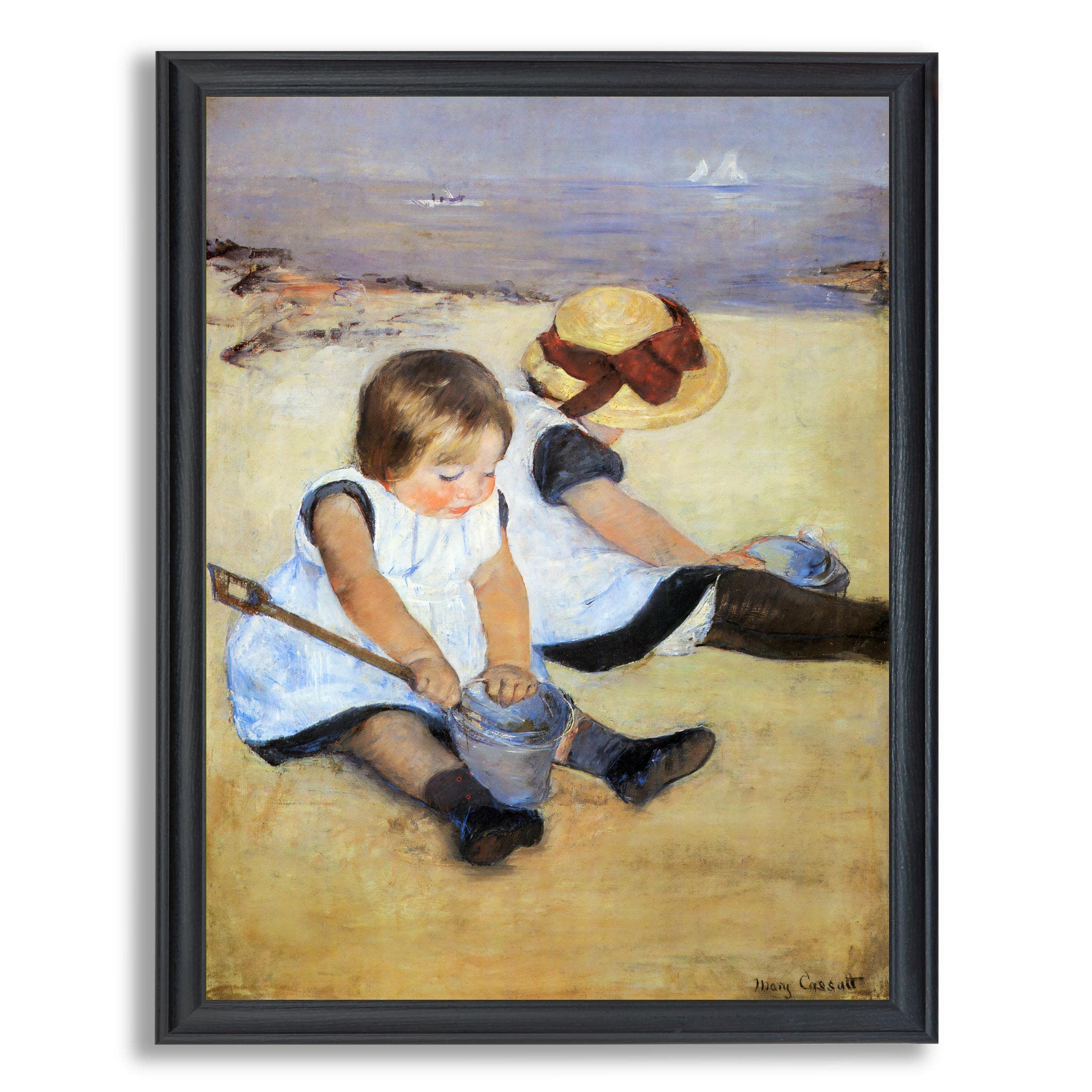 Mary Cassatt 'Children Playing on The Beach' Framed Impressionist Canvas Wall Art - Hand-Painted Reproduction on Stretched Canvas with Wood Frame - Perfect for Home, Bedroom & Living Room Decor - Ideal Gift for Art Lovers & Beach Theme Interior Design