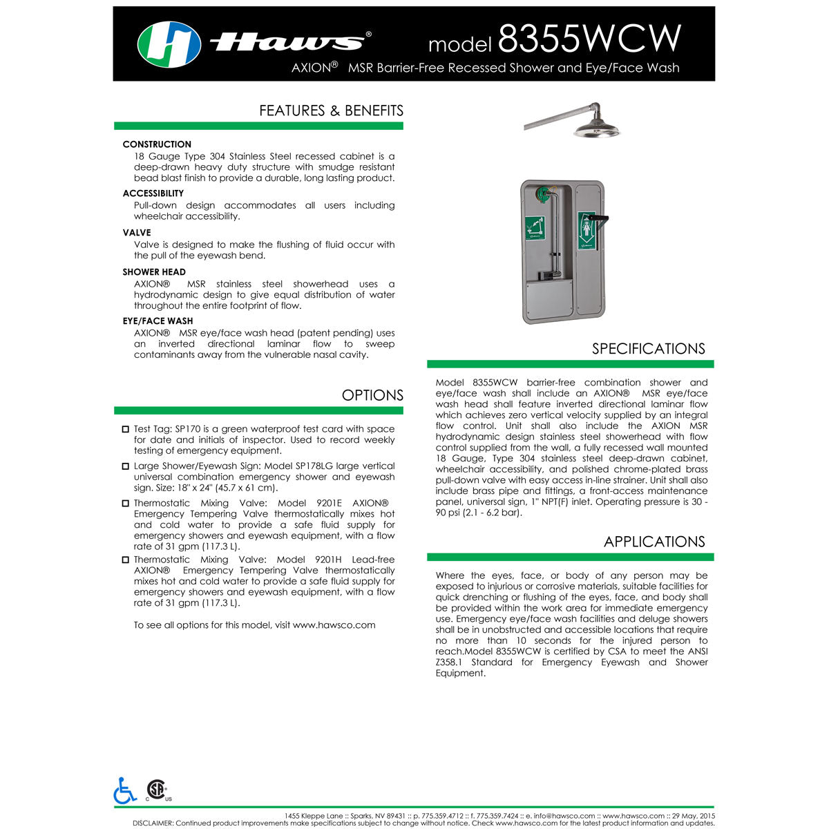 Haws 8356WCDD AXION MSR Barrier-Free Recessed Emergency Shower & Eye/Face Wash Station - ANSI Compliant for Laboratories, Industrial Safety & Chemical Spill Response
