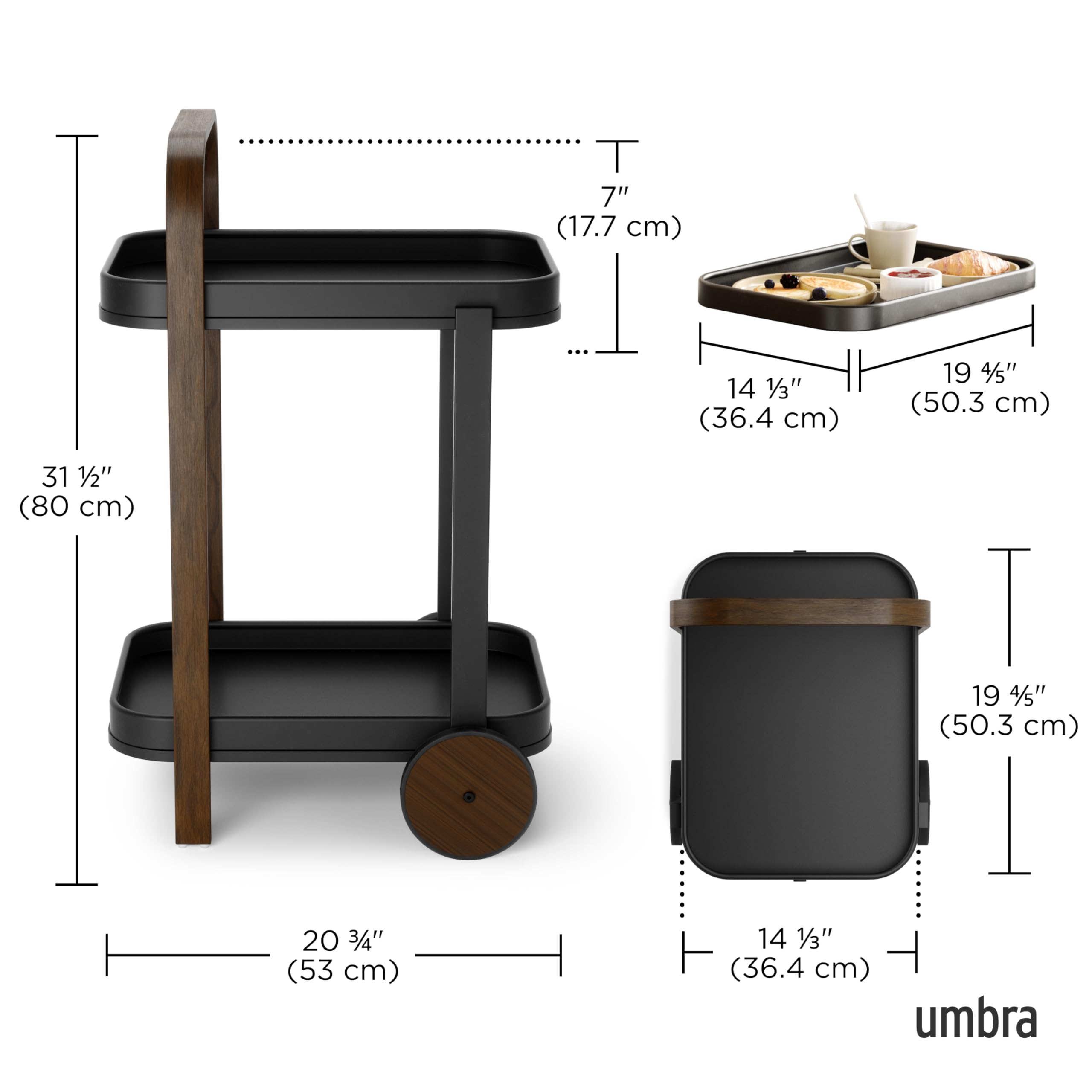 Umbra Bellwood Bar Cart - Modern Serving Trolley & Side Table in Walnut/Black Finish | Perfect for Home Bar, Living Room Decor & Entertaining Guests