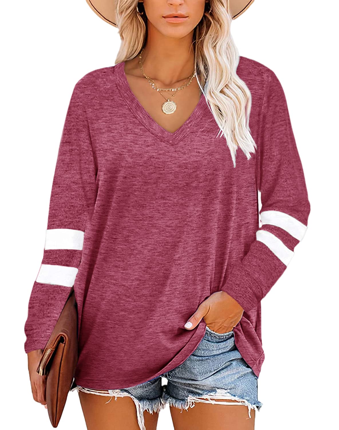 SAIKESIGIRL Women's Color Block Round Neck Tunic Top - Long Sleeve Casual Loose Blouse for Work, Travel & Everyday Wear