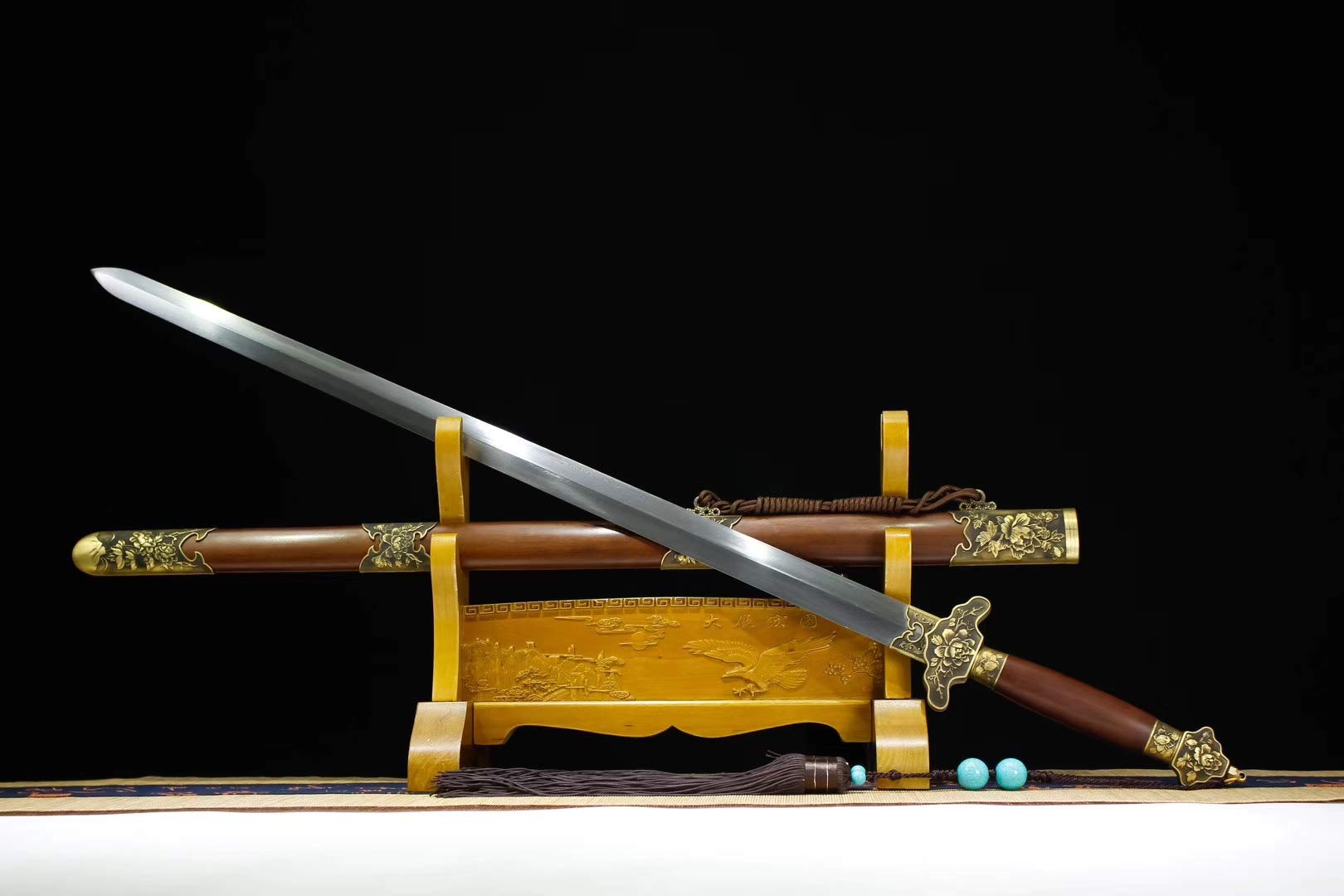 Hand-Forged Damascus Steel Peony Sword - Chinese Style Gift with Brass Fittings & Rosewood Handle (Full Tang) - Perfect for Martial Arts, Home Decor, and Collector's Display