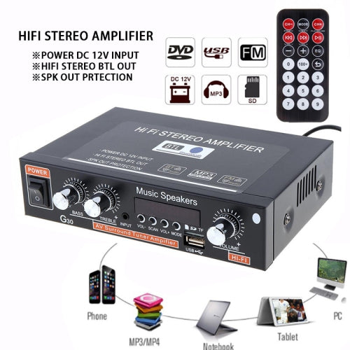 G30 HiFi Bluetooth Car Audio Power Amplifier with FM Radio, SD/USB/DVD/MP3 Support & Remote - for Car, Motorcycle, Home & Outdoor Parties