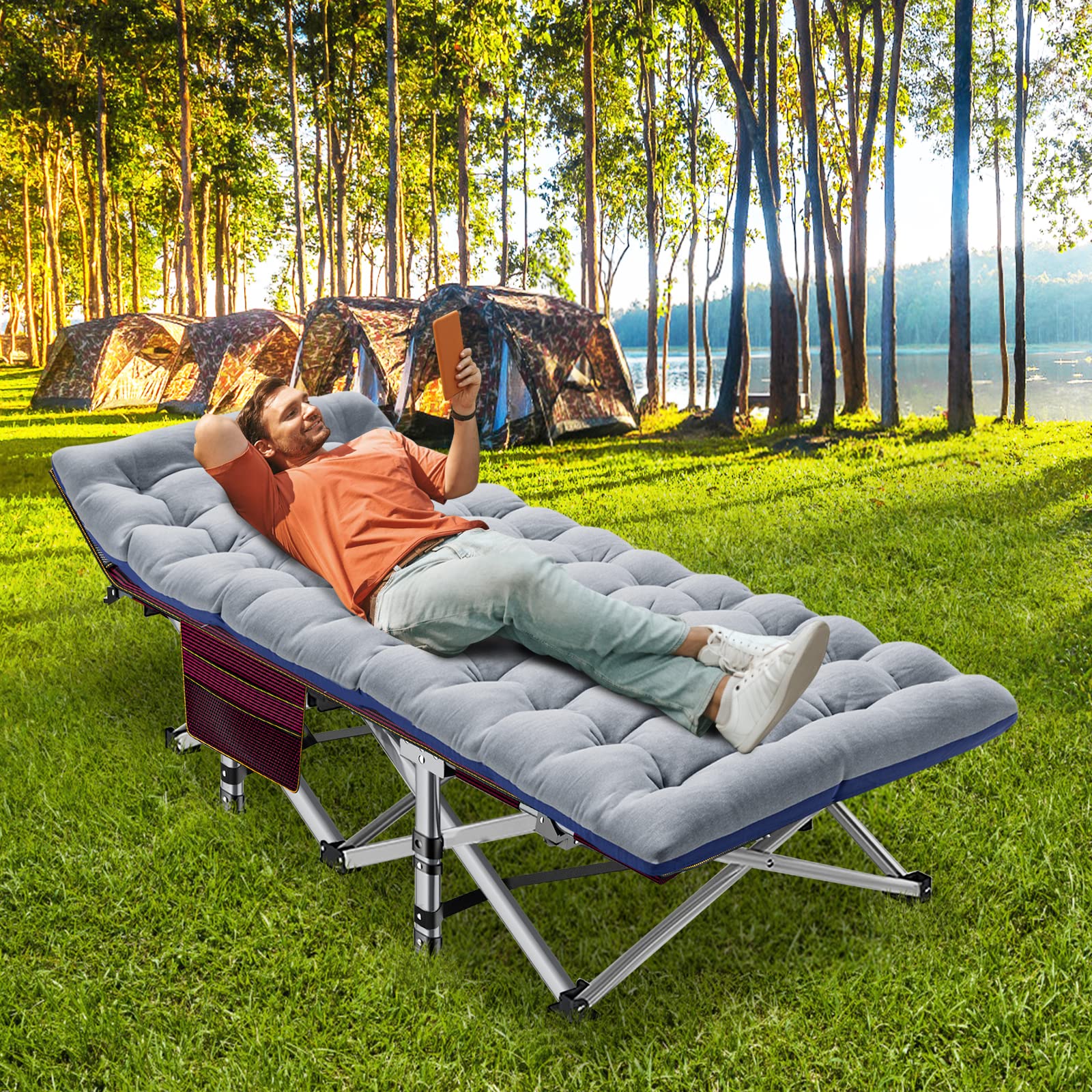 ABORON Heavy Duty Folding Camping Cot for Adults - 500lb Capacity Double Layer 1200D Oxford Fabric with Mattress & Carry Bag - Portable Guest Bed for Indoor, Outdoor, Camping, Travel & Emergency Use