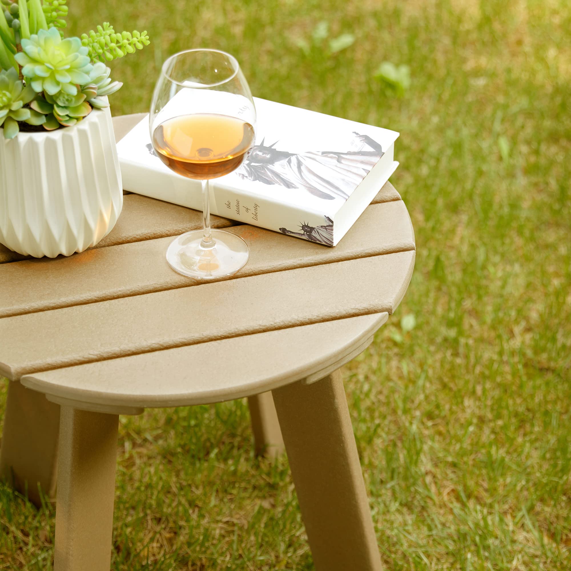 Weather-Resistant HDPE Round Adirondack Outdoor Side Table - Tan Patio Furniture for Garden, Deck, Poolside & Backyard Relaxation